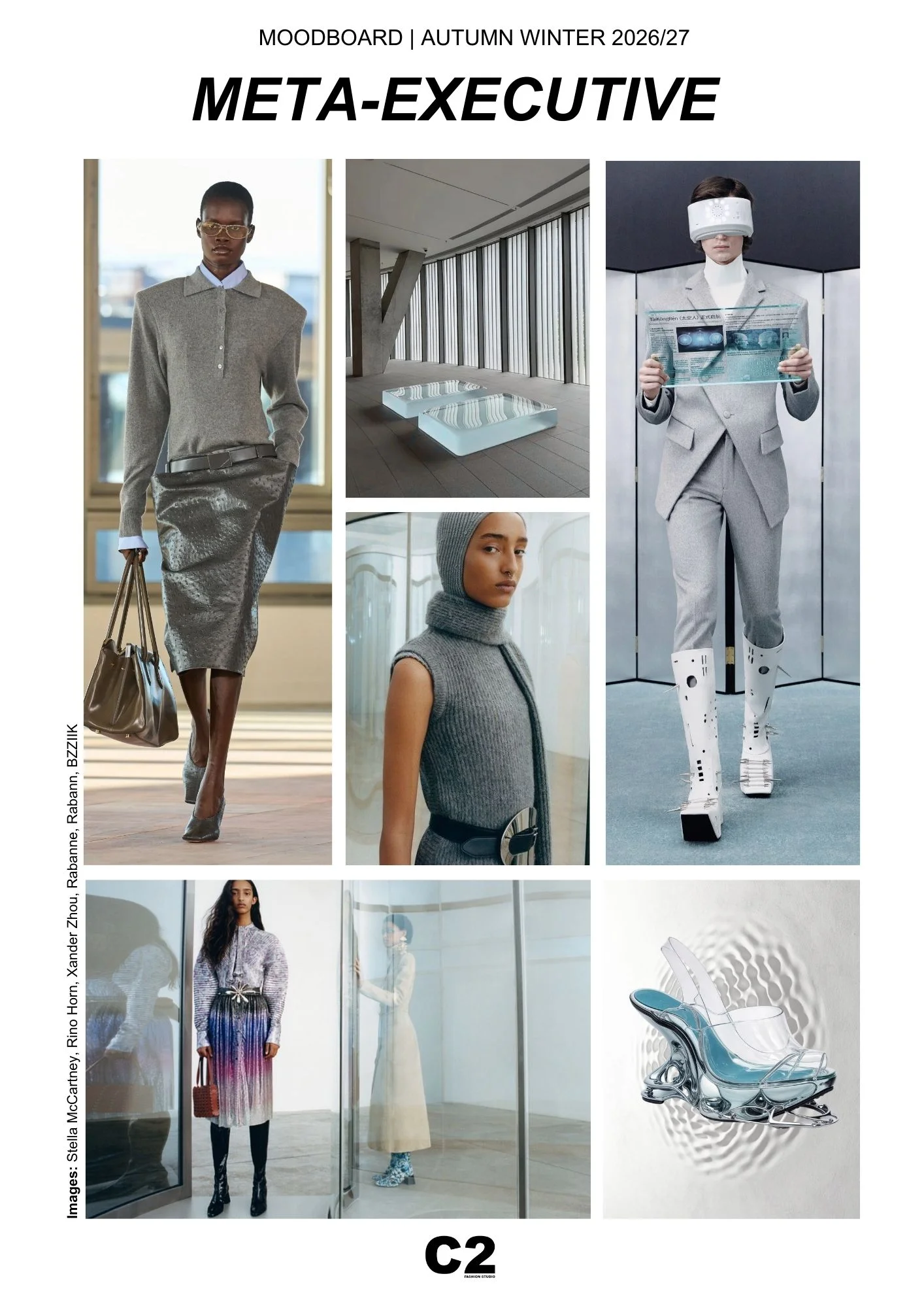 Meta-Executive moodboard for Autumn Winter 2026/2027 by C2 Fashion Studio, a trend forecasting agency, illustrating a futuristic fashion trend blending executive tailoring with digital aesthetics.