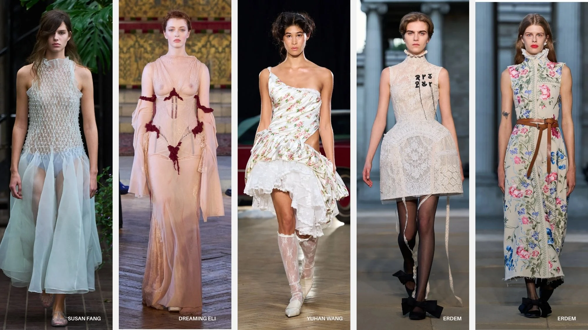 Models in designs by Susan Fang, Dreaming Eli, Yuhan Wang, and Erdem at London Fashion Week Spring Summer 2026, showcasing women’s fashion trends decoded by C2 Fashion Studio’s trend forecasting platform.