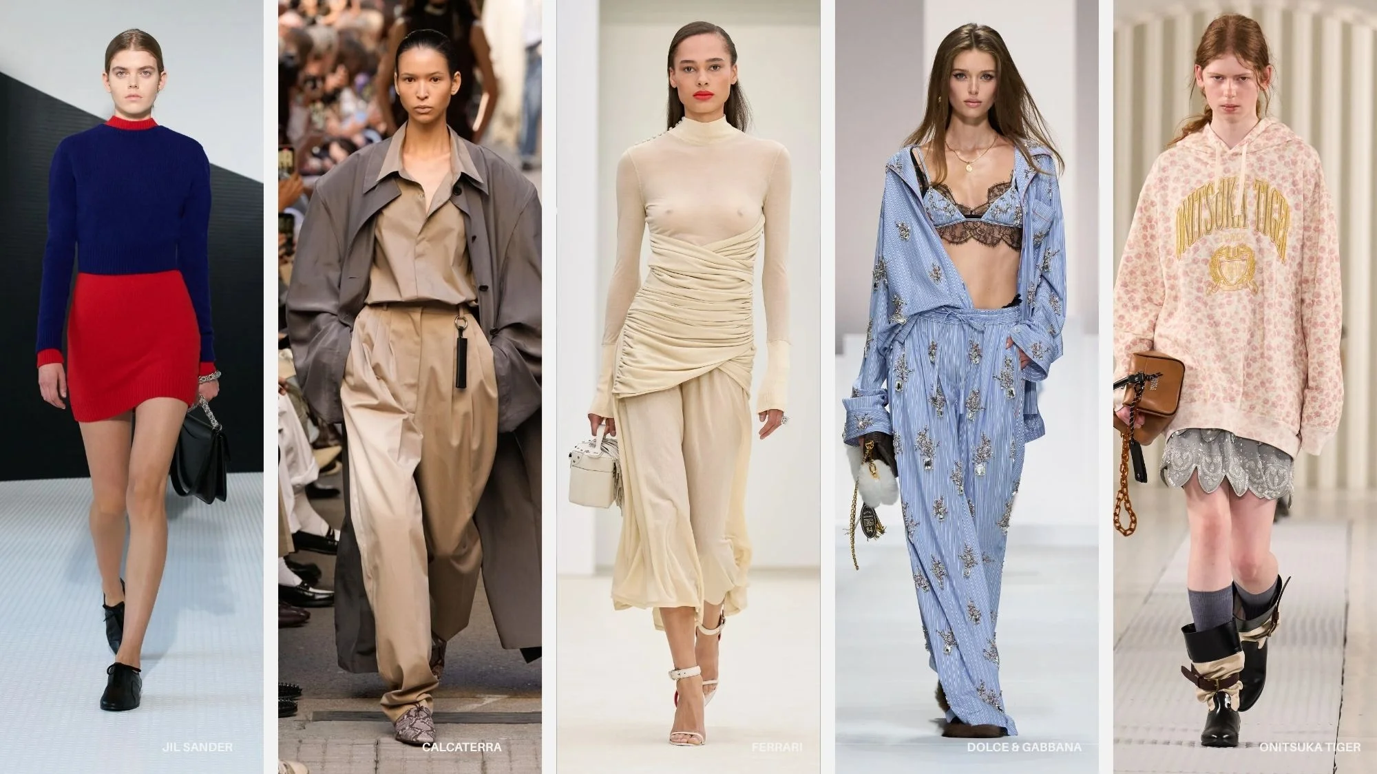 Models wearing Jil Sander, Calcaterra, Ferrari, Dolce & Gabbana, and Onitsuka Tiger at Milan Fashion Week Spring Summer 2026, showcasing women’s fashion trends decoded by C2 Fashion Studio’s trend forecasting platform.