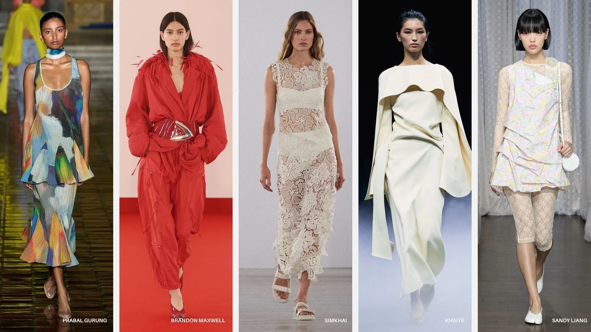 Models wearing Prabal Gurung, Brandon Maxwell, Simkhai, Khaite, and Sandy Liang at New York Fashion Week Spring Summer 2026, showcasing women’s fashion trends decoded by C2 Fashion Studio’s trend forecasting platform.