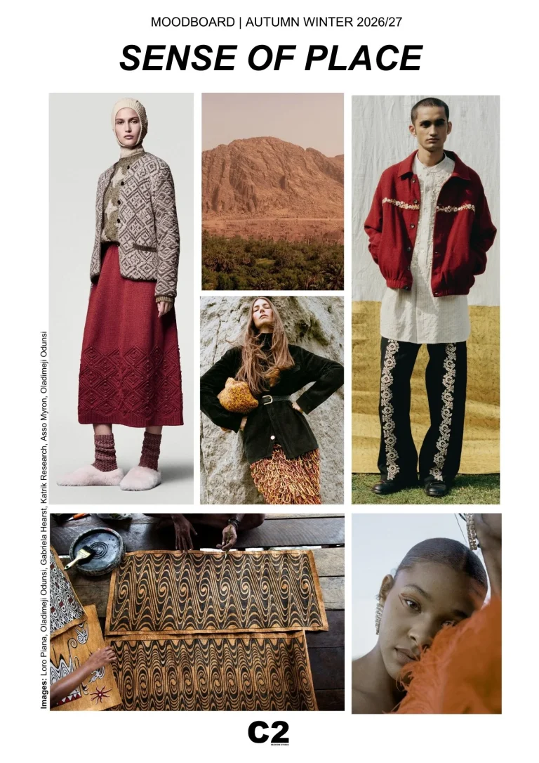 Moodboard showcasing the Sense of Place fashion trend forecast for Autumn Winter 2026 2027, curated by C2 Fashion Studio, a trend forecasting solution highlighting craftsmanship, territory, and cultural identity.