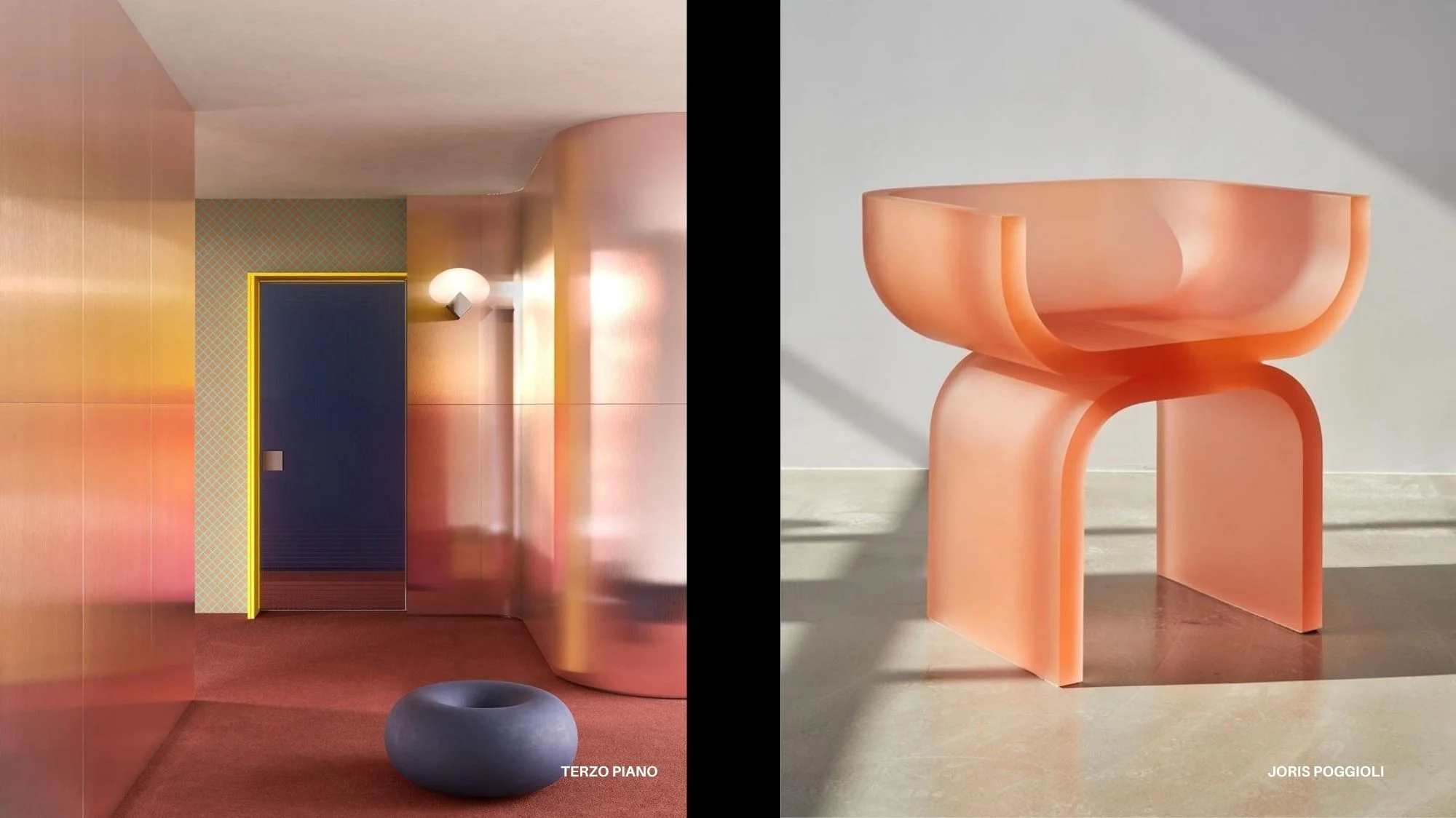 Interior designs by Terzo Piano and Joris Poggioli featuring fluid shapes, translucent materials, and soft color gradients, illustrating Sensorial Boundaries — the Creative Innovation Trend for Spring Summer 2027, decoded by C2 Fashion Studio’s trend forecasting platform.