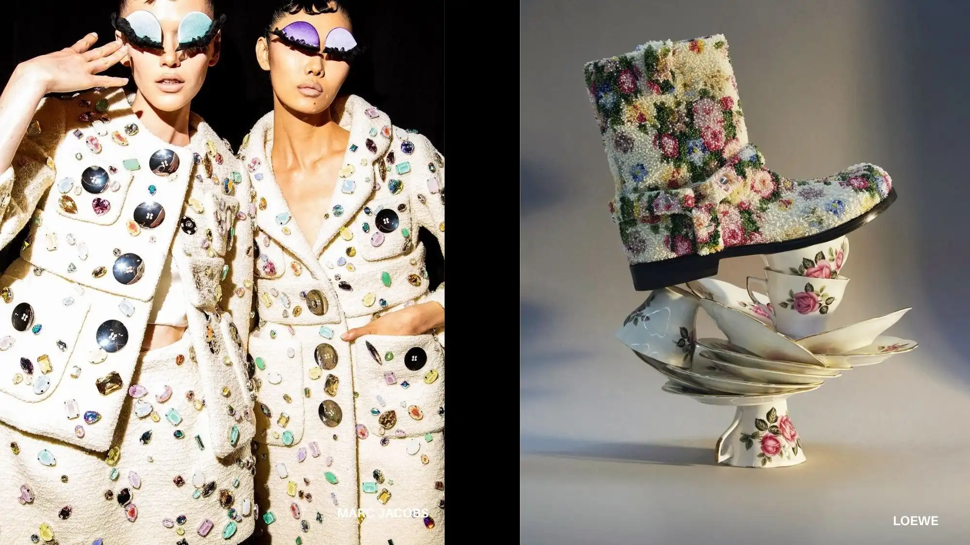 Models wearing gem-encrusted Marc Jacobs jackets and an embellished floral Loewe boot highlight the Neoheritage & Flux fashion trend for Autumn Winter 2026–2027, merging heritage craftsmanship with modern artistic innovation.