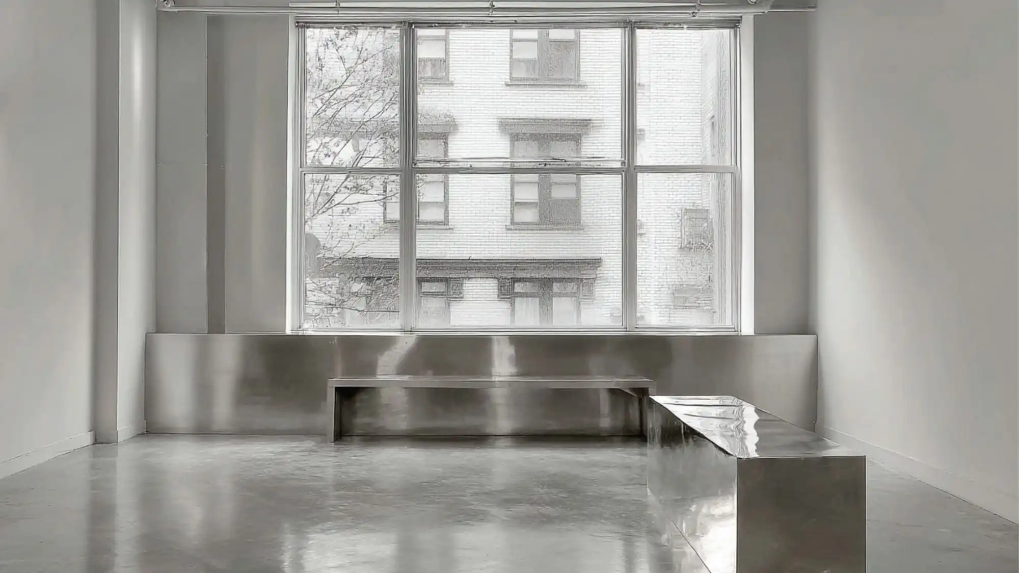 Minimalist metallic studio interior with large windows and reflective benches, symbolizing C2 Fashion Studio’s innovative and visionary approach to global trend forecasting and creative intelligence.