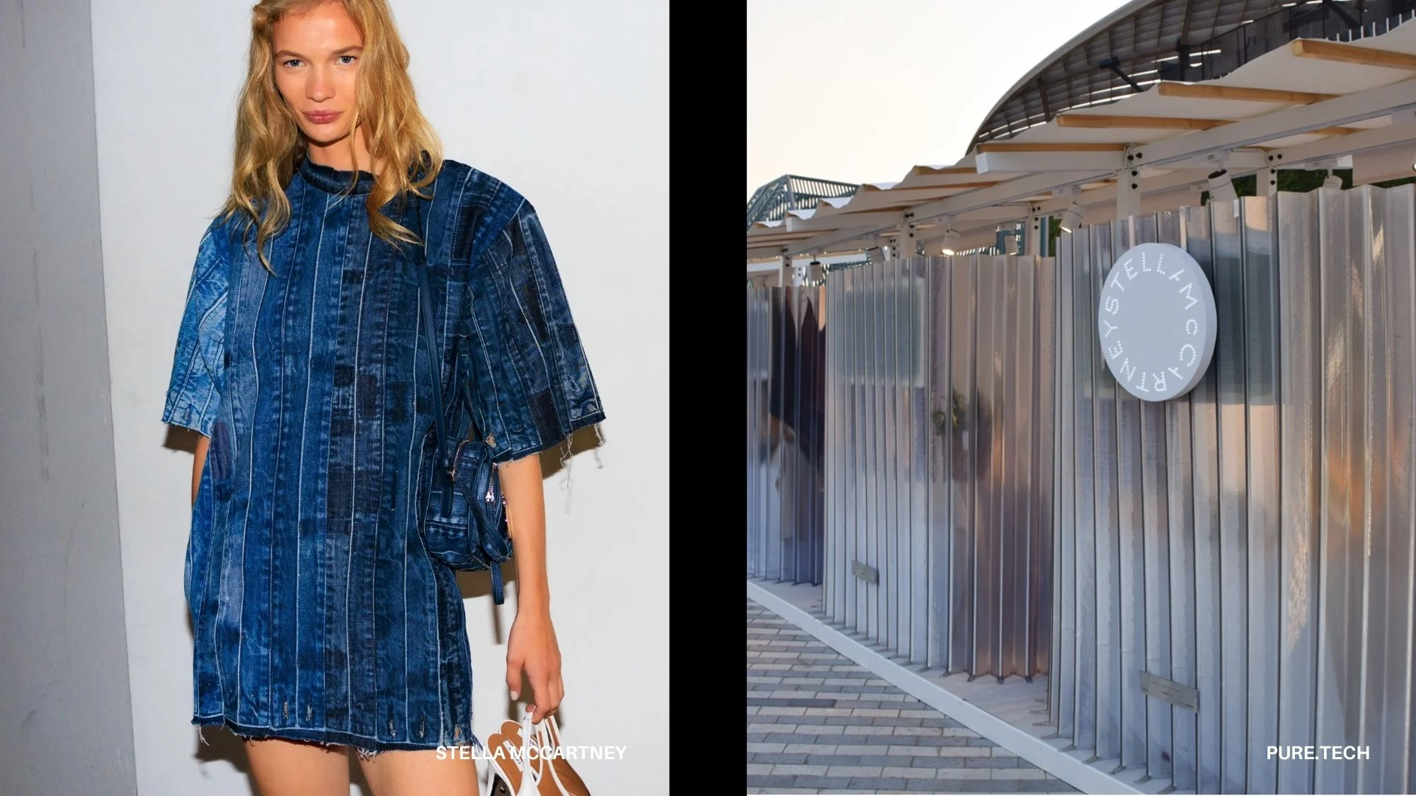 Model wearing sustainable Pure.Tech denim dress by Stella McCartney beside the brand’s eco-conscious installation, symbolizing the Active Sustainability trend and the evolution of fashion trend forecasting toward regenerative design.