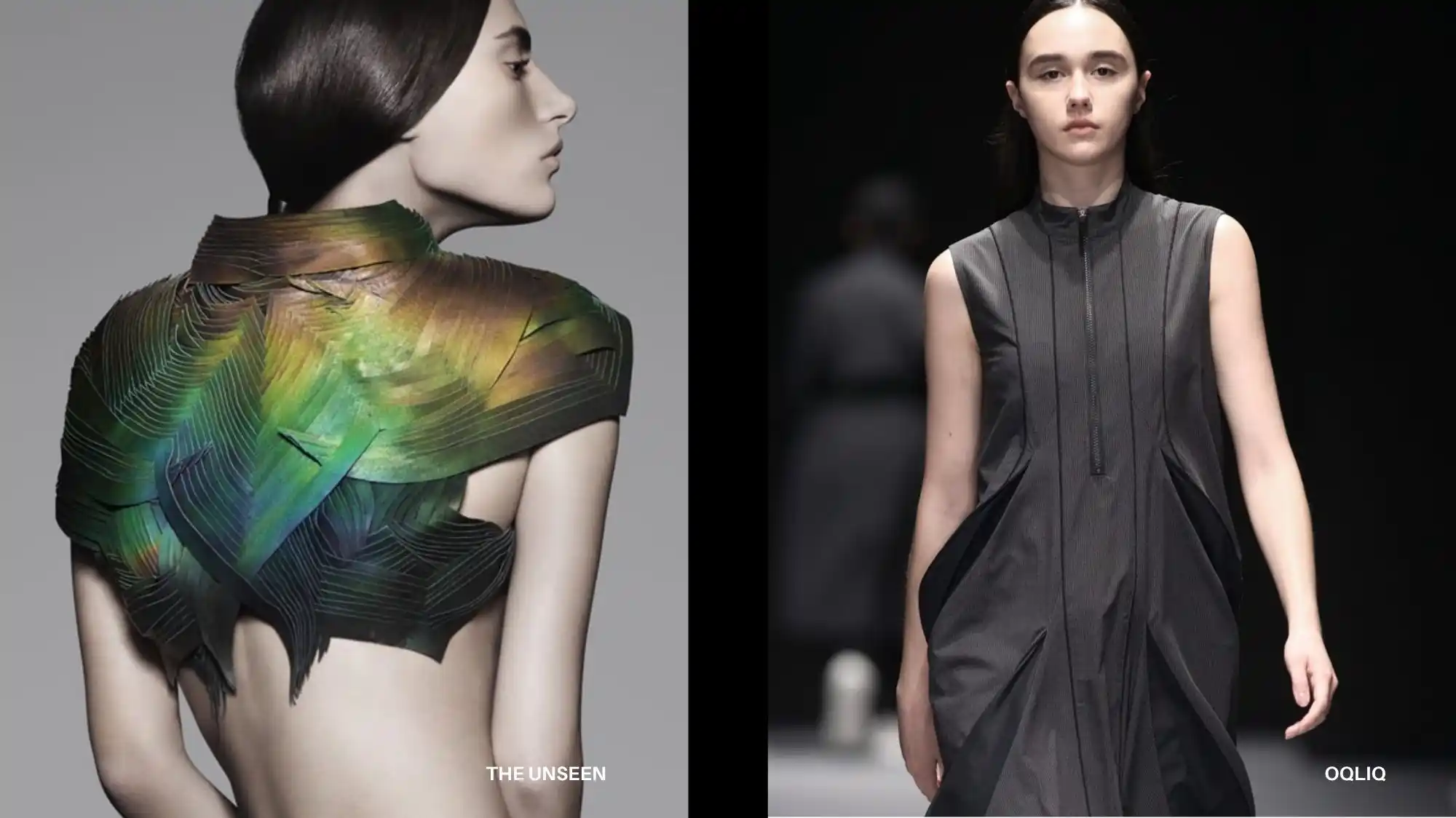 Models wearing futuristic garments by The Unseen and oqLiq, illustrating the evolution of Neuro-Sensory Design — a fusion of neuroscience, emotional technology, and sustainable innovation defining Fashion Trend Forecasting for Spring Summer 2027 by C2 Fashion Studio.