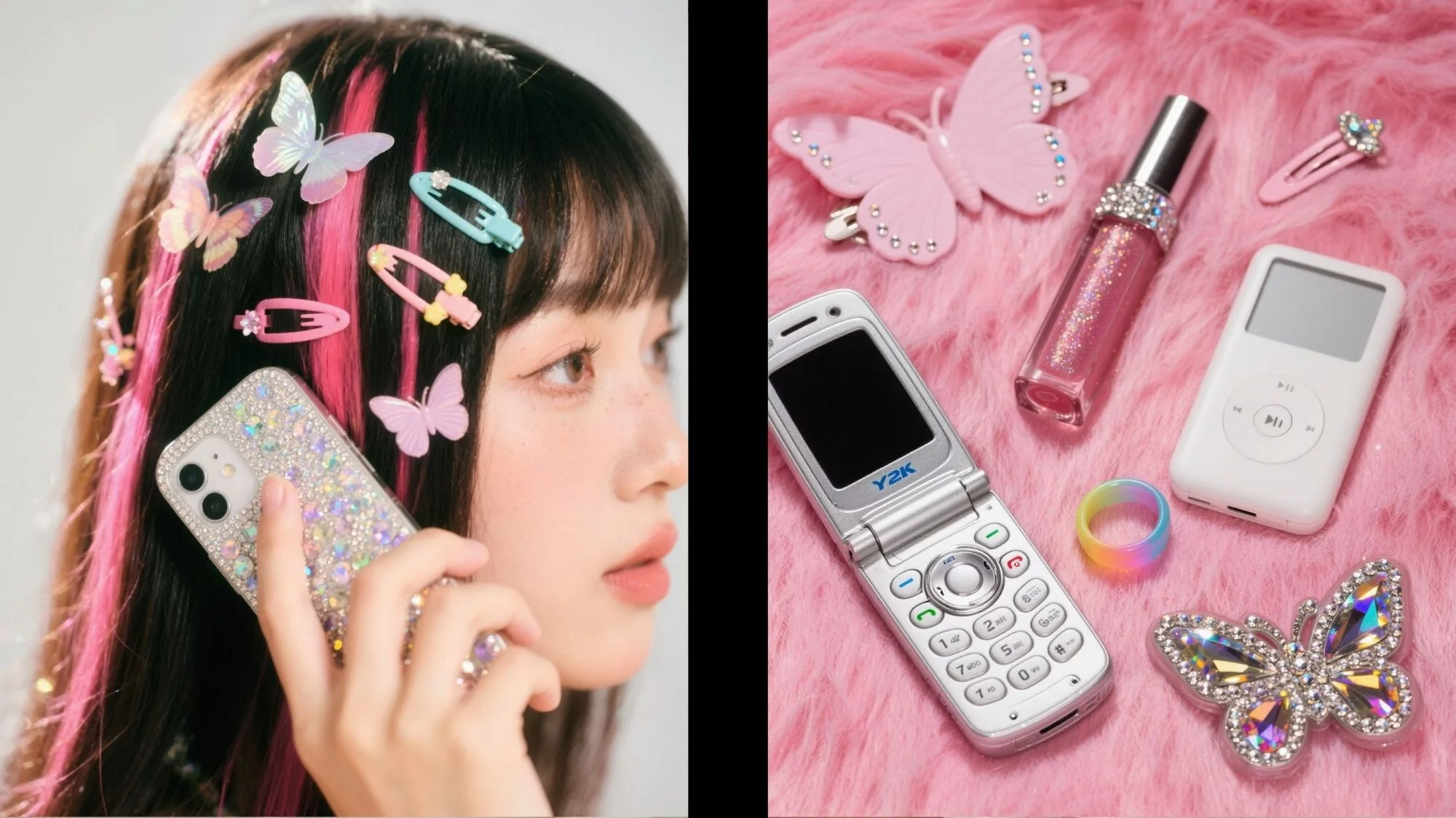 Gen Z individual with butterfly clips, pink highlights, and glitter phone case beside Y2K-inspired items — flip phone, lip gloss, and iPod — representing brand personalization and co-creation culture explored by C2 Fashion Studio’s trend forecasting platform.
