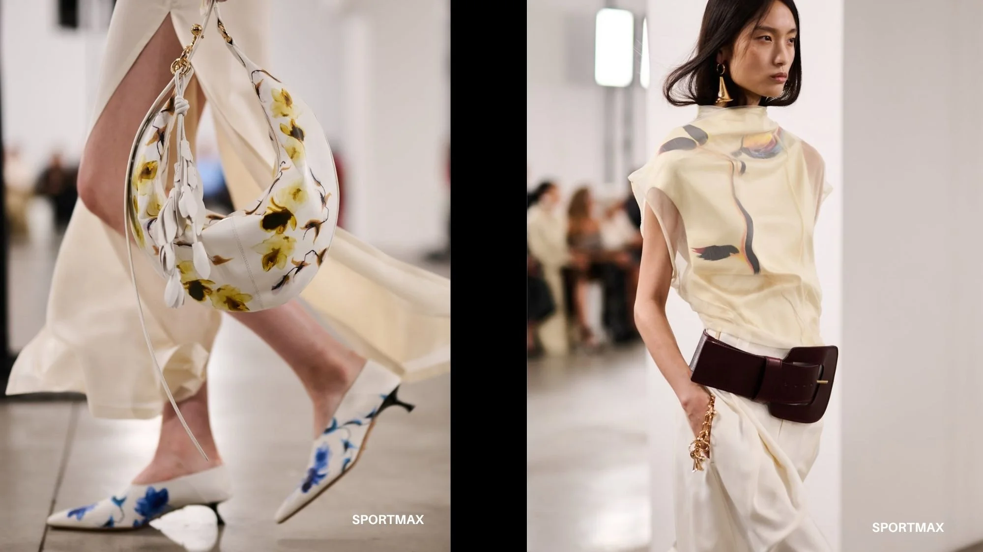 Sportmax Spring Summer 2026 collection featuring sculptural silhouettes, hand-painted florals, and fluid tailoring — decoded by C2 Fashion Studio’s trend forecasting platform for women fashion and design innovation.