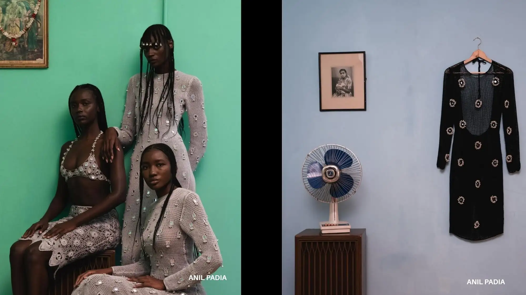 Three women wearing handcrafted crochet dresses adorned with pearls beside a minimalist interior displaying a black handmade dress — representing artisanal craftsmanship, ethical fashion, and slow design in trend forecasting by C2 Fashion Studio.