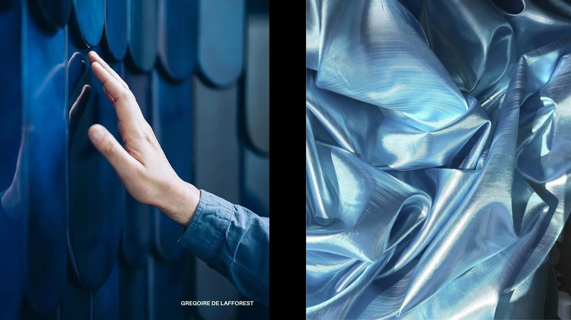 A hand touching sculptural blue wall tiles by Gregoire De Lafforest next to fluid iridescent fabric, symbolizing tactility and sensory innovation in design — part of Sensorial Boundaries, the Creative Innovation Trend for Spring Summer 2027, decoded by C2 Fashion Studio’s trend forecasting platform.