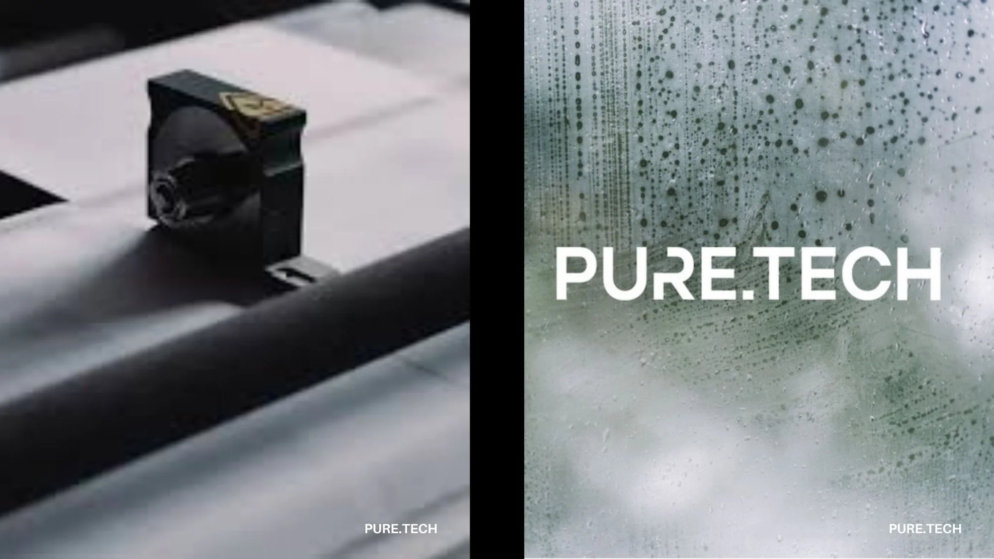 Close-up of Pure.Tech air-purifying textile technology and logo on a fogged surface, symbolizing innovation in sustainable materials and the rise of Active Sustainability in fashion trend forecasting.