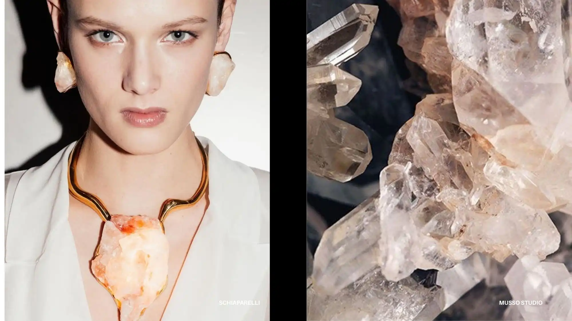 Close-up of a model wearing Schiaparelli jewelry with raw rose quartz and gold metal, juxtaposed with macro photography of natural crystals by Musso Studio, symbolizing the fusion of raw materials and refined craftsmanship in contemporary jewelry design.