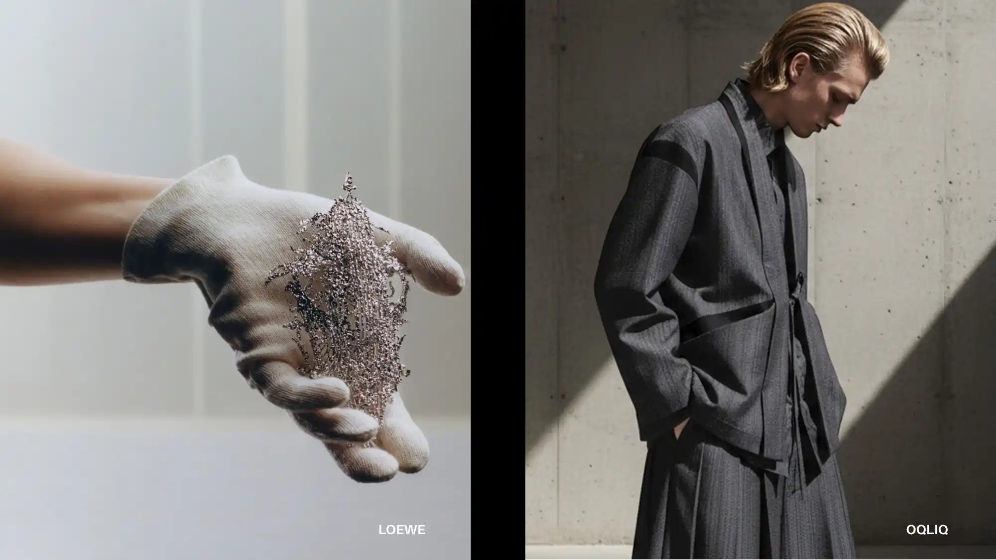 Conceptual close-up of a gloved hand holding metallic particles by Loewe beside a minimalist portrait of a model in structured tailoring by oqLiq, illustrating emotional materiality, sensory design, and sustainable innovation in Fashion Trend Forecasting for Spring Summer 2027 by C2 Fashion