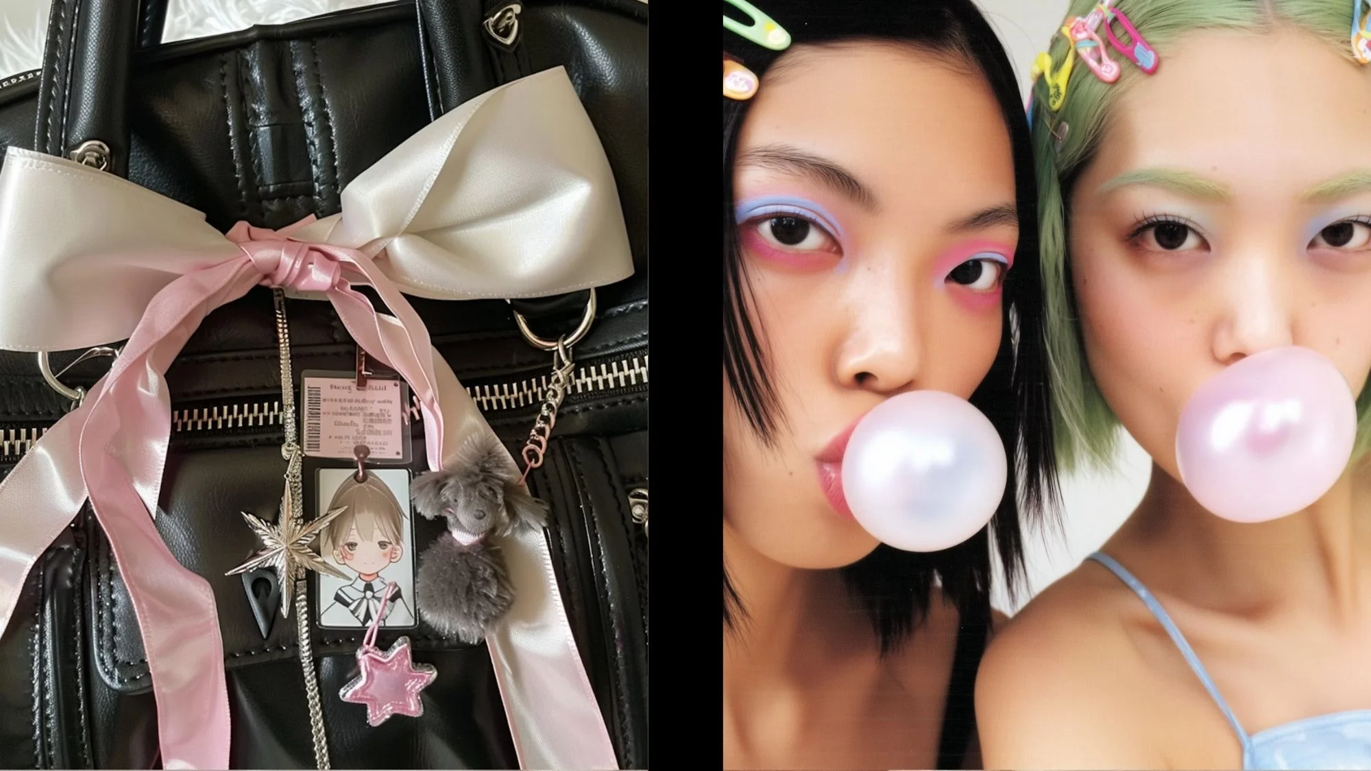 Gen Z-inspired fashion featuring a black bag with pink ribbon and charms alongside two young women with colorful makeup, pastel hair, and butterfly clips — representing co-creation, personalization, and Y2K-inspired trends decoded by C2 Fashion Studio’s trend forecasting platform.