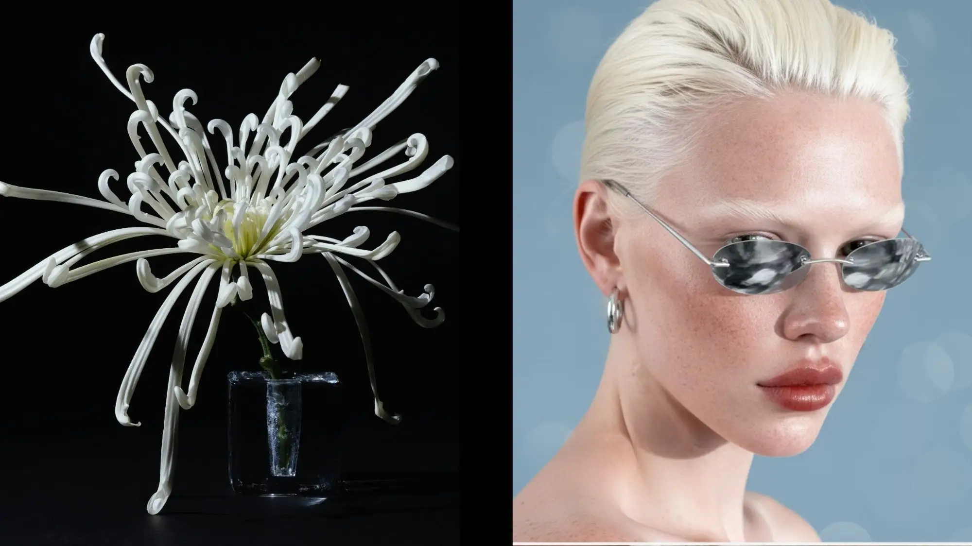 Minimalist fashion portrait of a model in metallic sunglasses beside a sculptural white flower — visualizing adaptive fashion, emotional design, and sensory innovation from C2 Fashion Studio’s Fluid Identities trend forecast.
