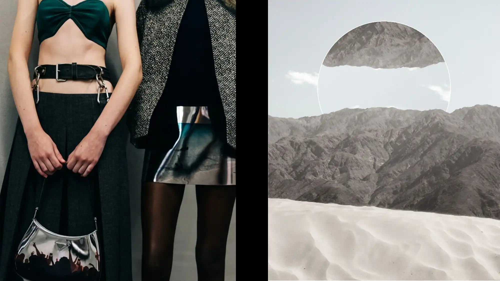 Close-up of futuristic women’s fashion with metallic accessories and structured silhouettes paired with a surreal desert landscape, representing visionary forecasting by C2 Trend Platform for women’s fashion, men’s fashion, and design trends.