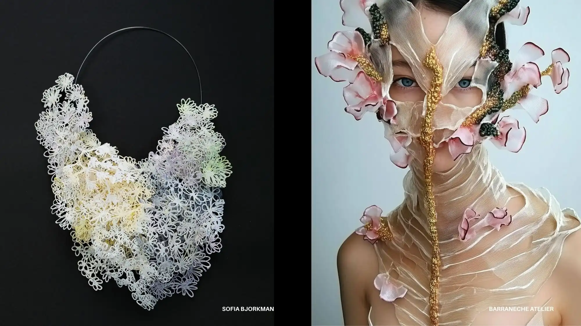 Avant-garde jewelry and fashion design inspired by organic growth and digital craftsmanship — featuring Sofia Björkman’s sculptural floral necklace and Barraneche Atelier’s ethereal fabric mask, symbolizing the fusion of biomimicry, material intelligence, and futuristic beauty in fashion trend forecasting.