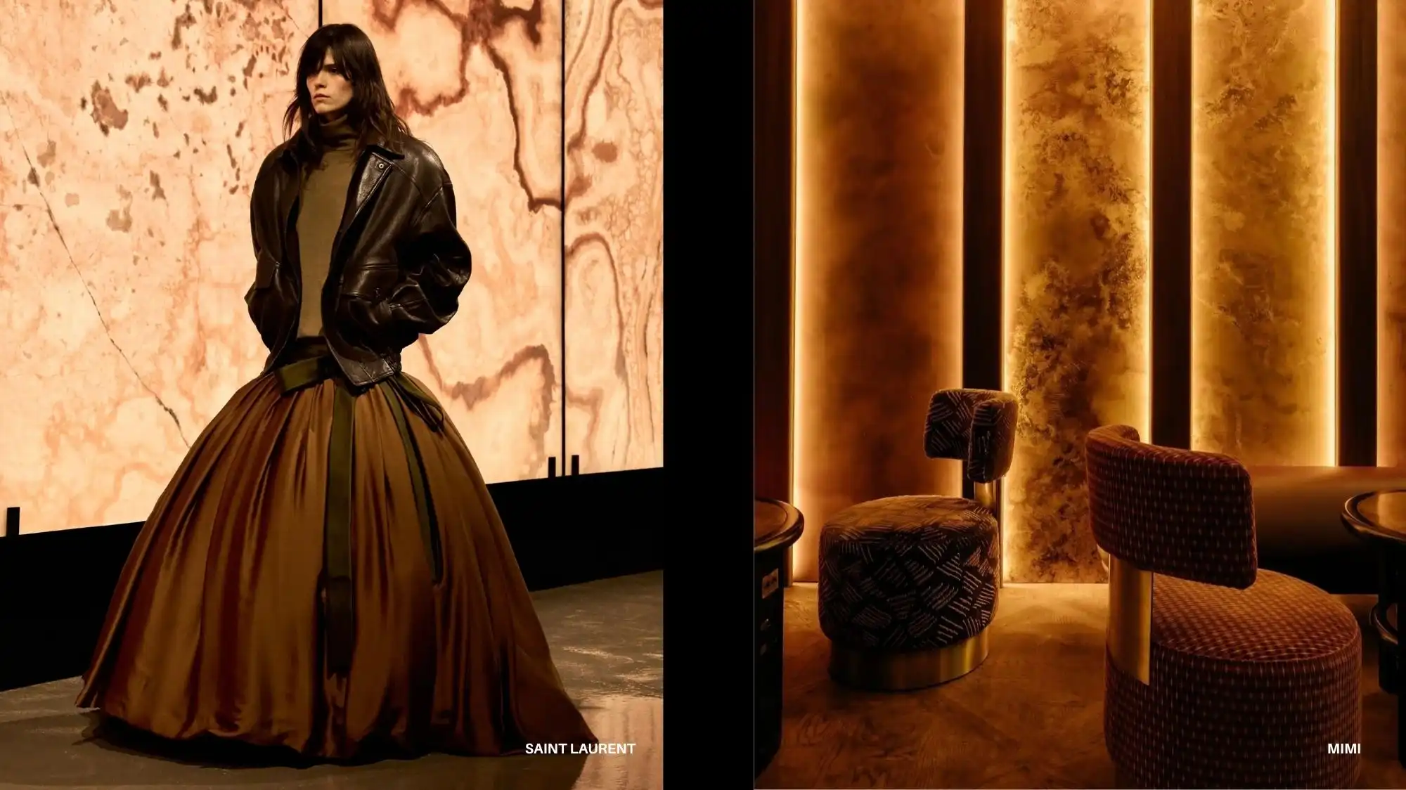 Saint Laurent model in a voluminous brown skirt and leather jacket beside a warm-toned interior by MIMI studio, symbolizing the Grounded Opulence aesthetic in Autumn Winter 2027 2028 Fashion Trend Forecasting — a fusion of material richness, emotional depth, and tactile luxury.