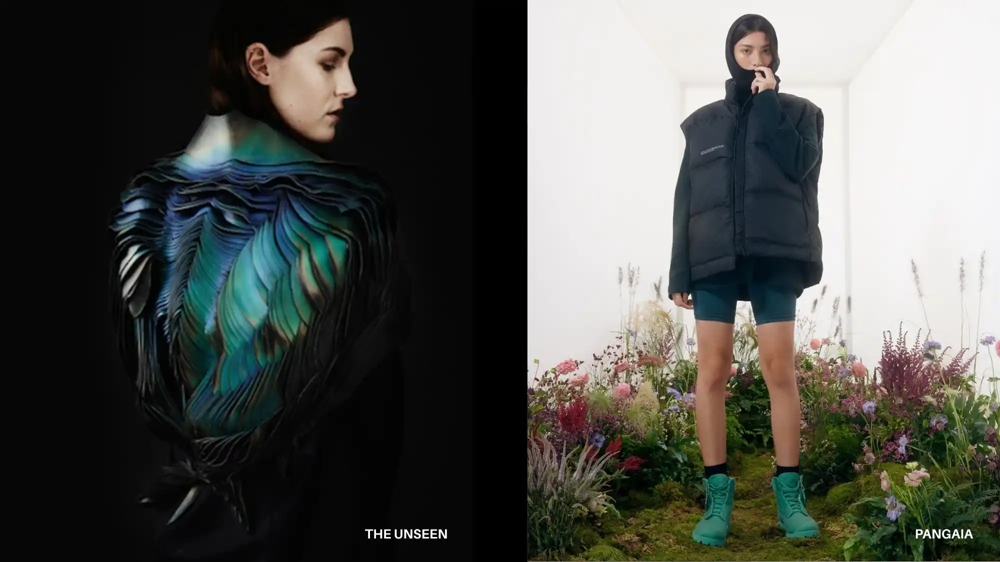 Models wearing futuristic garments by The Unseen and Pangaia, representing the convergence of neuroscience, sustainability, and emotional technology — key elements defining Neuro-Sensory Design and Fashion Trend Forecasting for Spring Summer 2027 by C2 Fashion Studio.