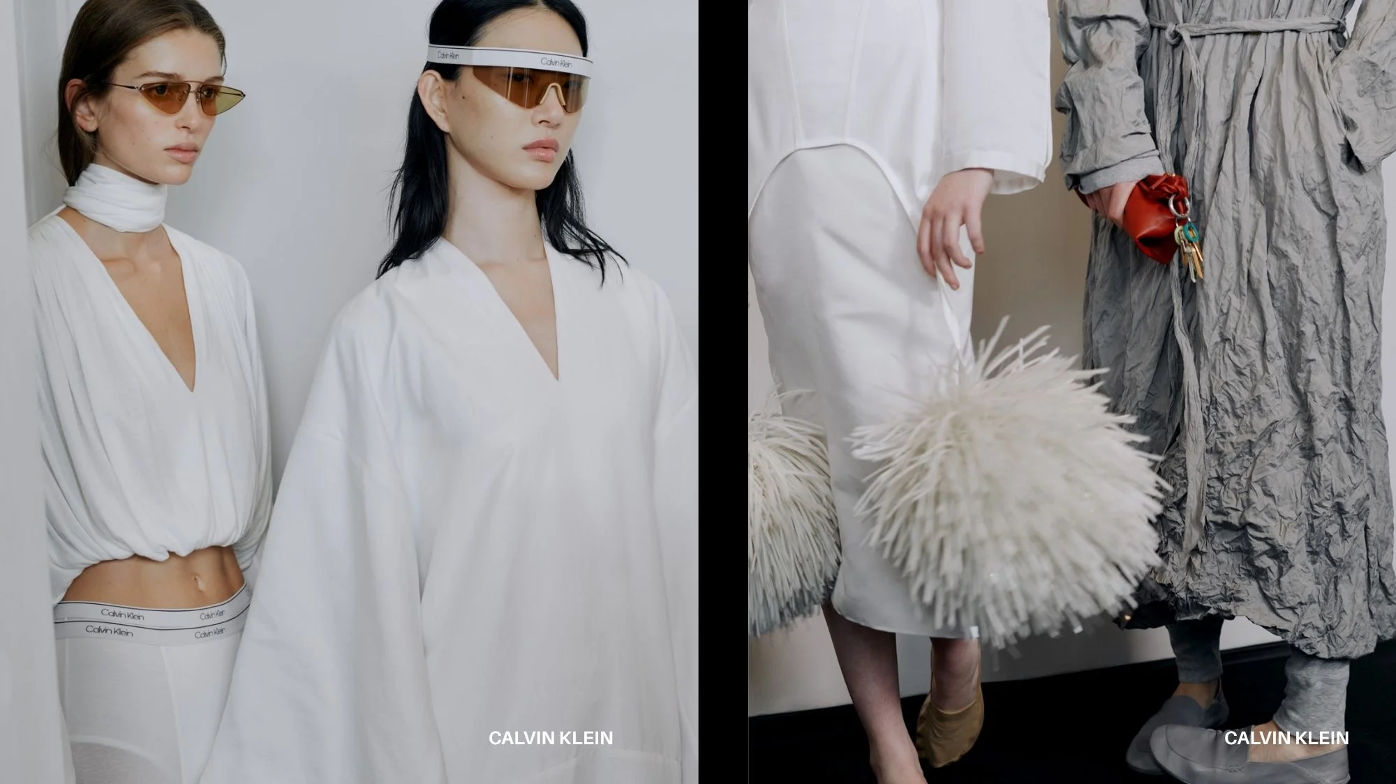 Calvin Klein minimalist fashion collection showcasing futuristic tailoring, neutral tones, and innovative materials — part of C2 Fashion Studio’s trend forecasting analysis for women fashion and men fashion Spring Summer 2026.