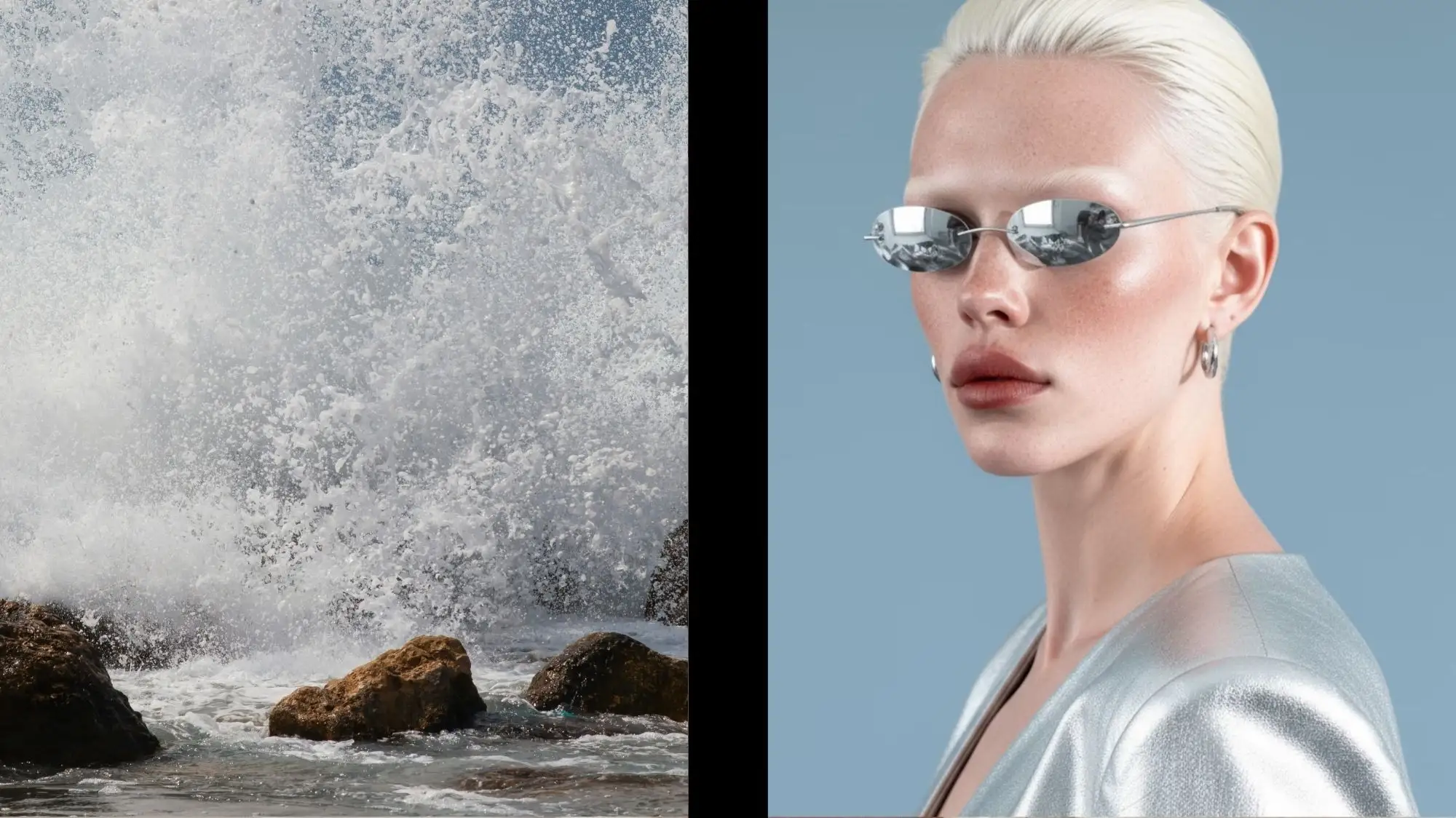 Futuristic woman in metallic silver outfit and reflective sunglasses beside crashing ocean waves — symbolizing adaptive fashion, emotional design, and trend forecasting by C2 Fashion Studio.