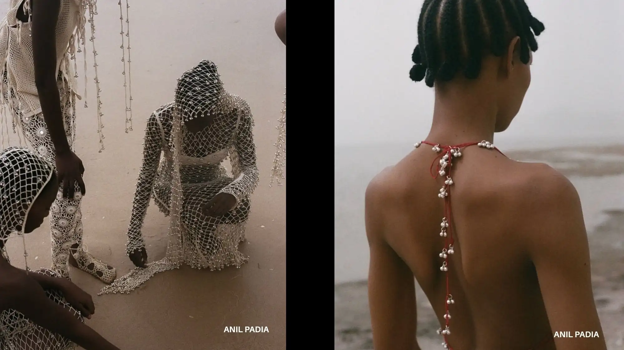 Models wearing handcrafted crochet garments by Anil Padia, featuring pearl-embellished textiles and artisanal detailing — representing sustainable fashion, handmade craftsmanship, and emotional design in trend forecasting by C2 Fashion Studio.