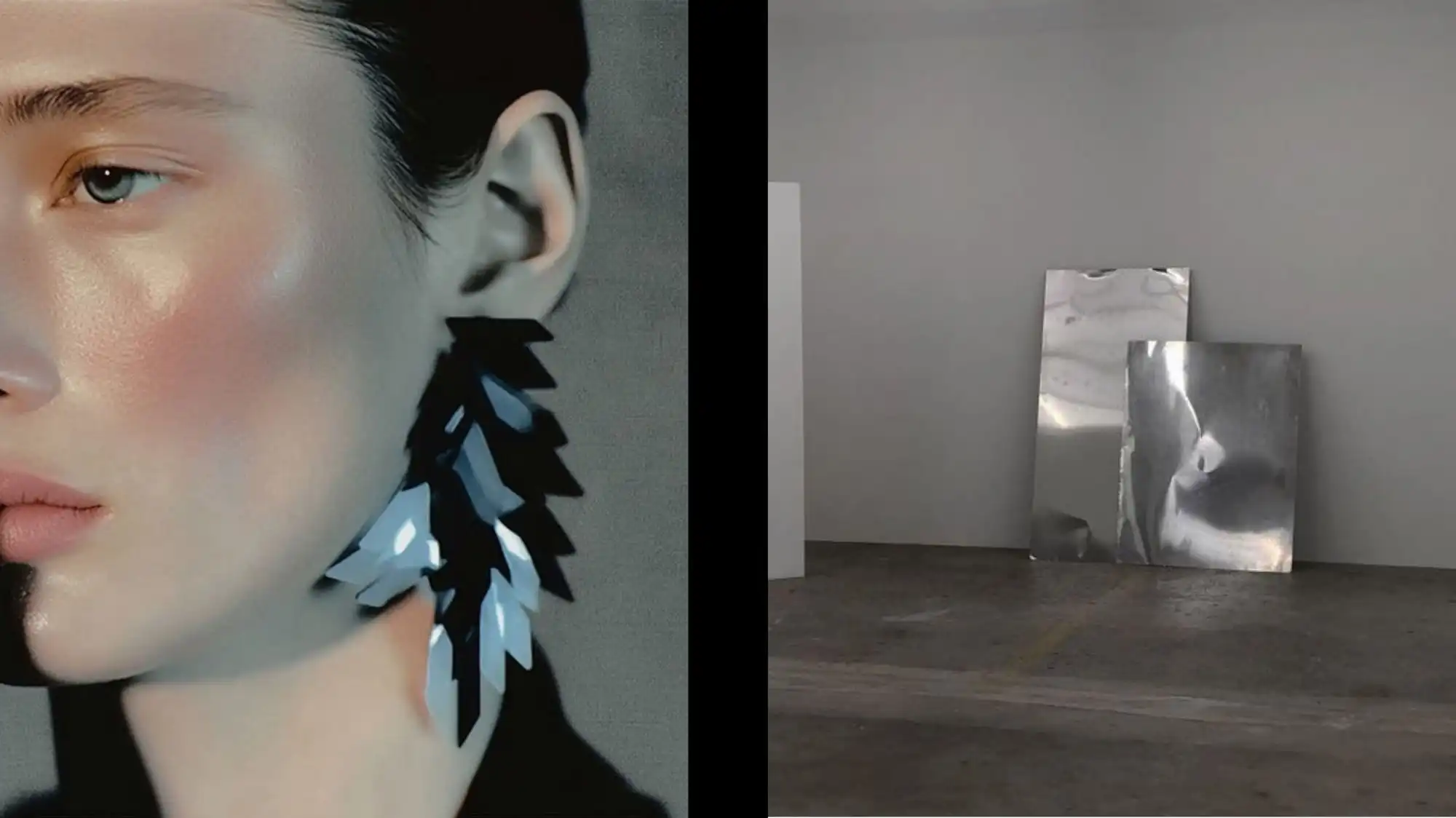 Futuristic close-up portrait of a model with metallic geometric earrings beside reflective metal panels in a minimalist space, representing C2 Fashion Studio’s visionary trend forecasting and exploration of future aesthetics.