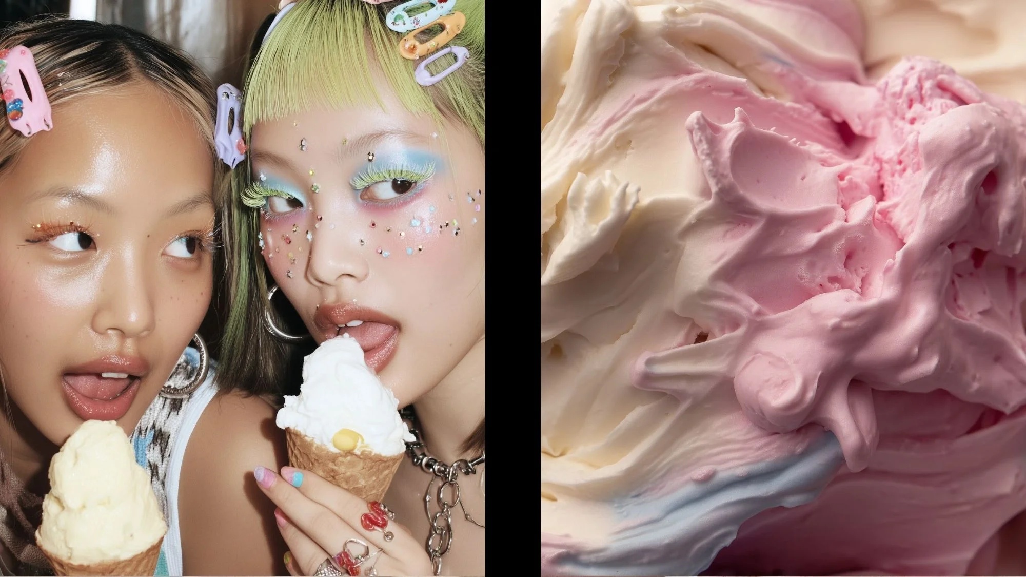 Two Gen Z individuals with pastel makeup, colorful hair clips, and ice cream cones alongside pink whipped textures — representing playful personalization, co-creation, and Y2K beauty trends decoded by C2 Fashion Studio’s trend forecasting platform.