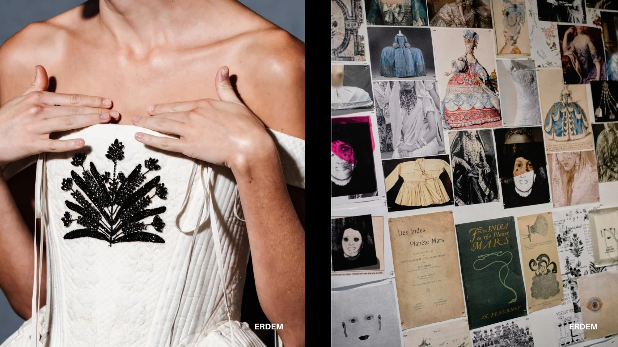 Close-up of Erdem’s embroidered corset and heritage moodboard showcasing craftsmanship, narrative design, and historical fashion influences for C2 Fashion Studio’s trend forecasting insights on Spring Summer 2026.