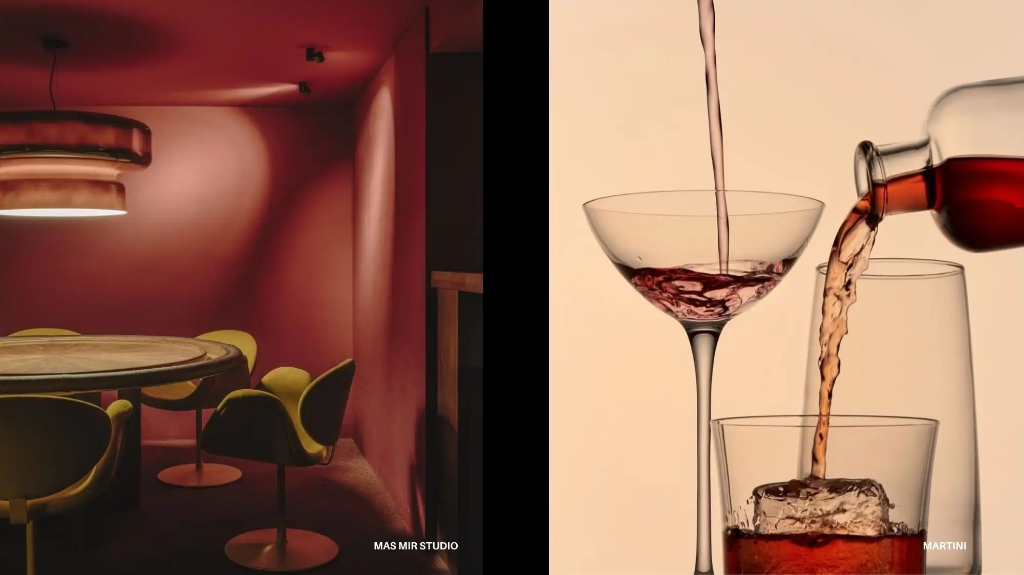 Warm-toned interior by Mas Mir Studio paired with a refined still life of Martini glasses filled with red liquid — symbolizing tactile luxury, emotional warmth, and sensory depth in Autumn Winter 2027 2028 Fashion Trend Forecasting by C2 Fashion Studio.