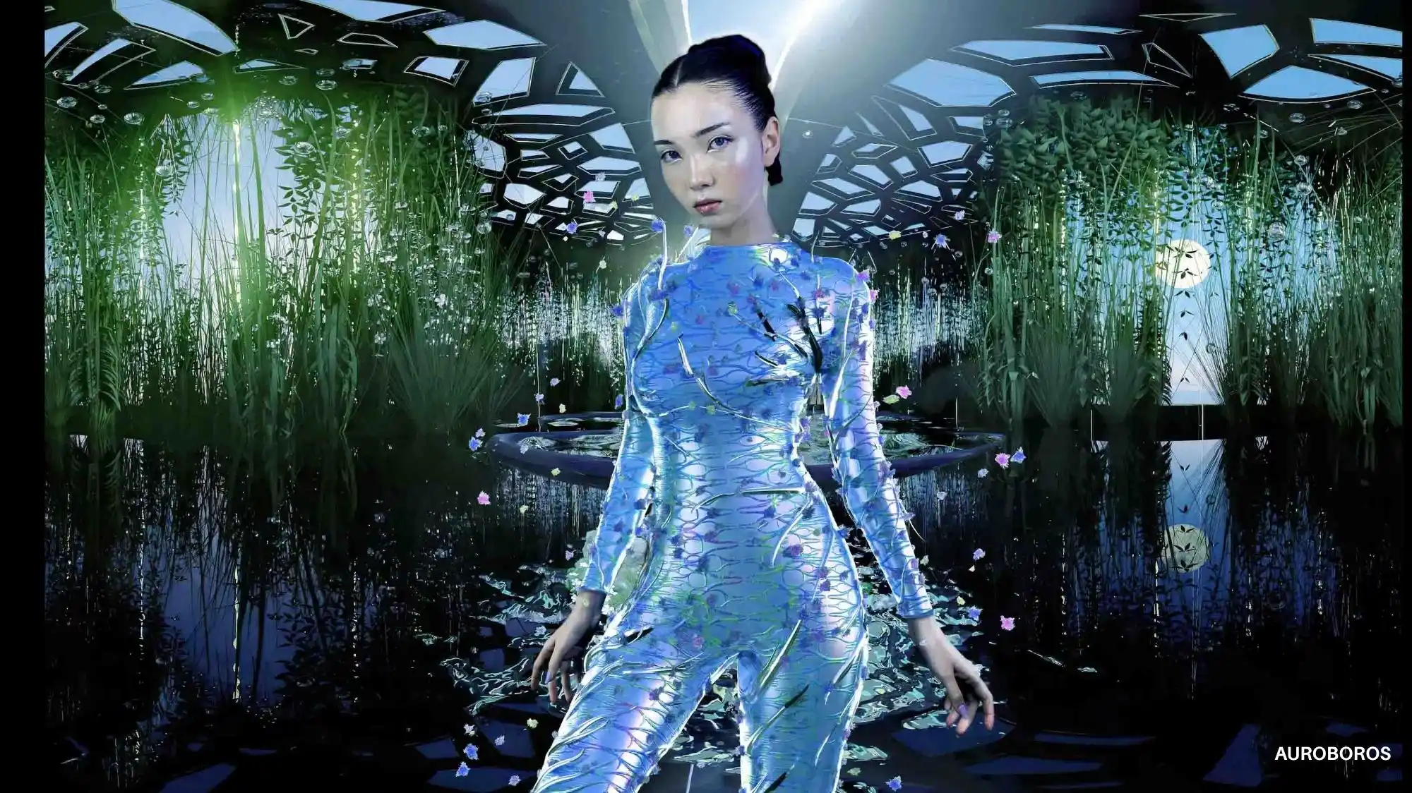 Model wearing a futuristic iridescent bodysuit by Auroboros in a biophilic digital environment, symbolizing the fusion of neuroscience, emotional intelligence, and technology in Fashion Trend Forecasting for Spring Summer 2027 by C2 Fashion Studio.