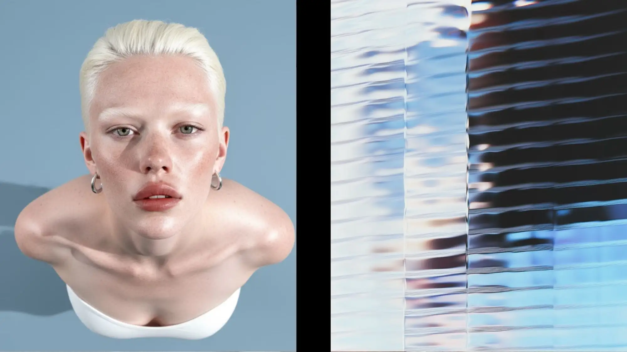 Futuristic portrait of a woman with platinum hair and minimal styling beside abstract blue glass texture — symbolizing adaptive fashion, emotional design, and material innovation in C2 Fashion Studio’s Fluid Identities trend forecast.