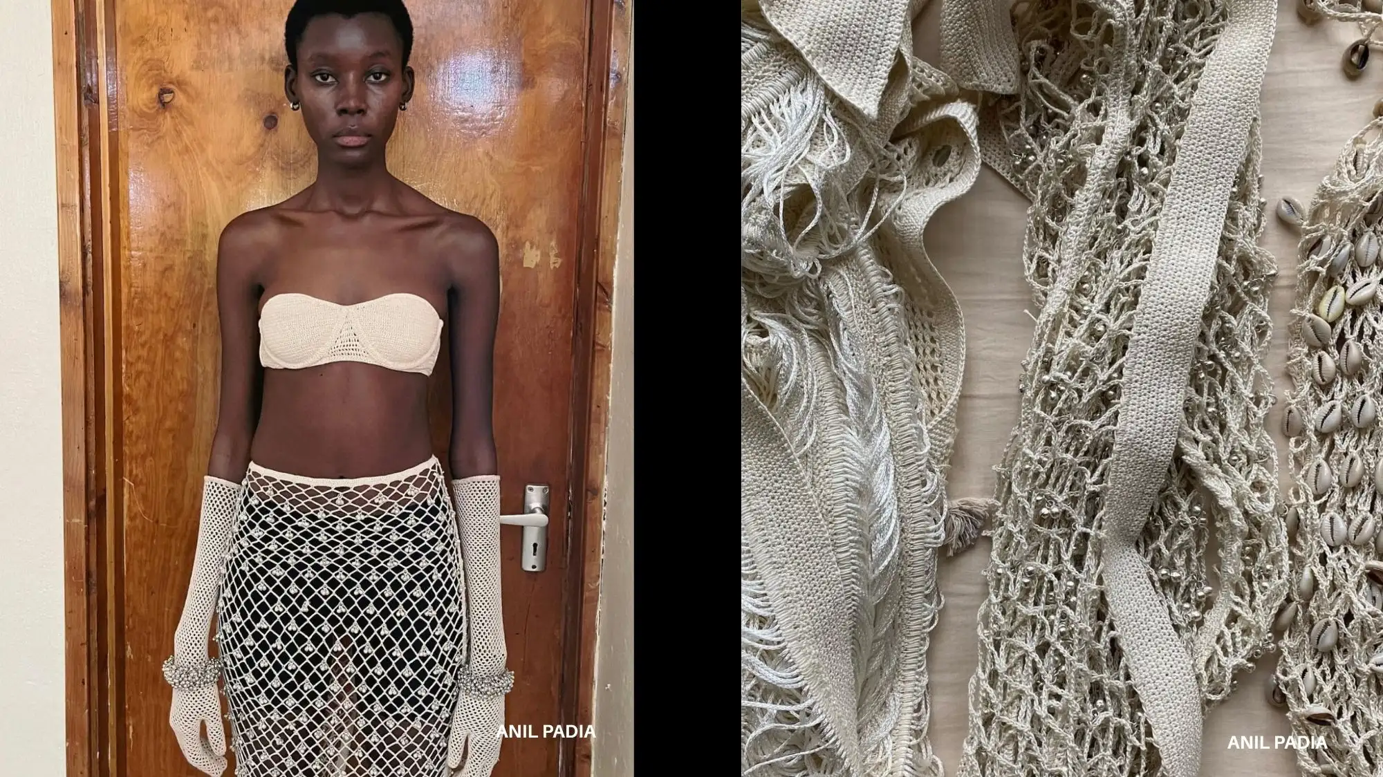 Model wearing handcrafted crochet ensemble by Anil Padia alongside close-up of woven artisanal textiles — showcasing sustainable fashion, craftsmanship, and handmade innovation from C2 Fashion Studio’s trend forecasting research.
