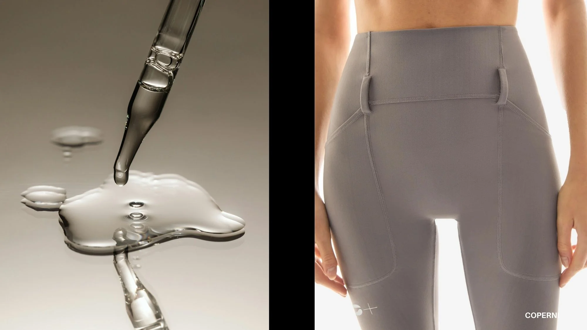 Close-up of a skincare serum dropper beside a model wearing high-tech Coperni leggings, symbolizing the fusion of skincare science and textile innovation defining the Carewear fashion trend.