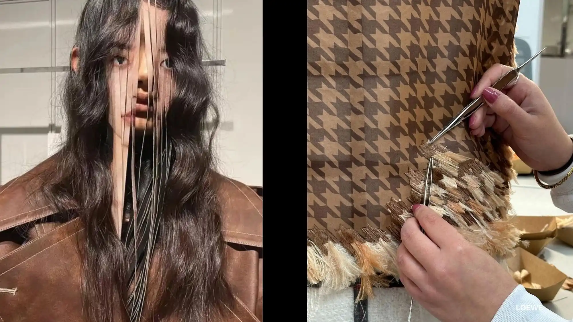 Model wearing an artisanal leather garment with deconstructed threads beside a close-up of Loewe’s handcrafted houndstooth textile, representing the Neoheritage & Flux fashion trend that merges ancestral craftsmanship with modern innovation for Autumn Winter 2026–2027.