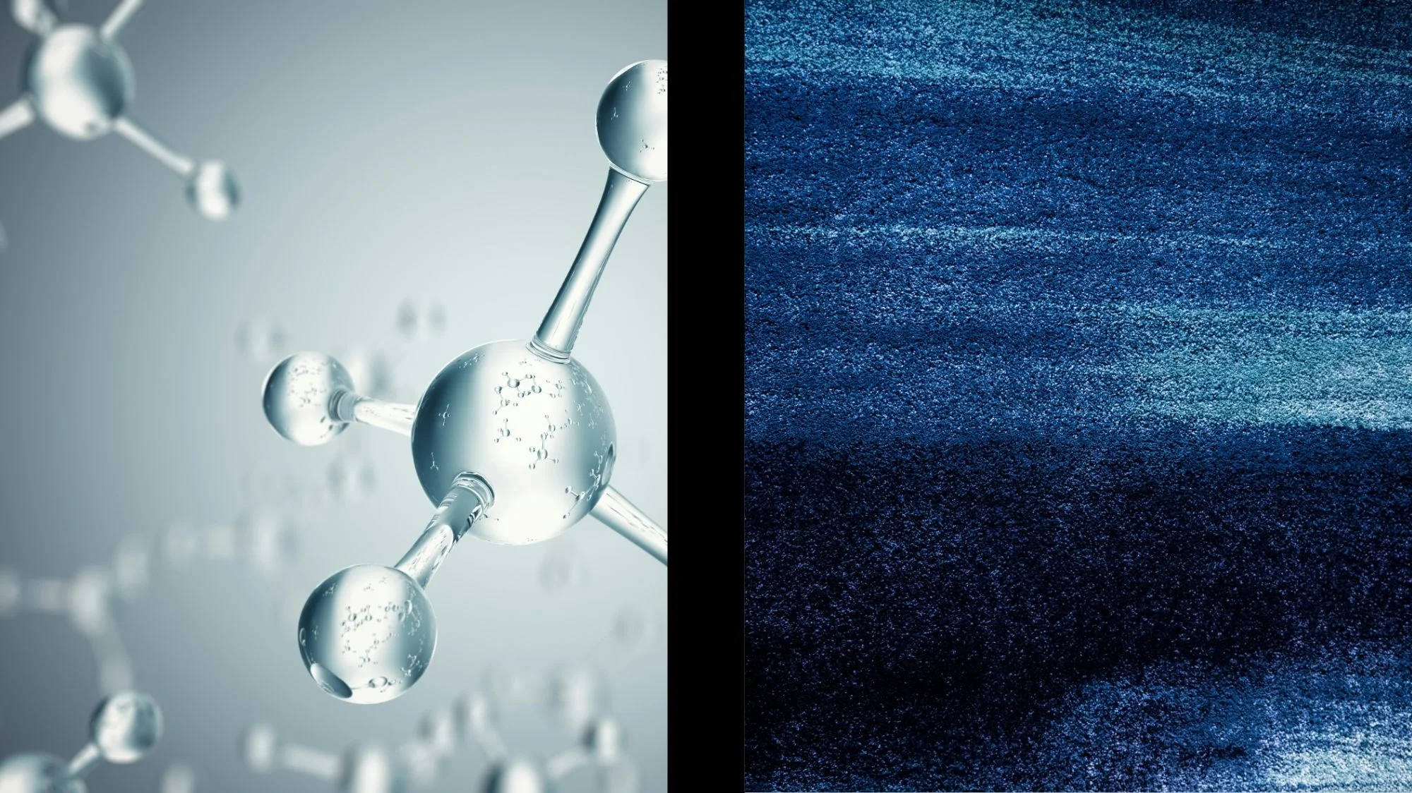 Close-up of transparent molecular structures beside deep blue textured material, symbolizing the scientific foundation of Pure.Tech and the evolution of Active Sustainability in fashion trend forecasting.