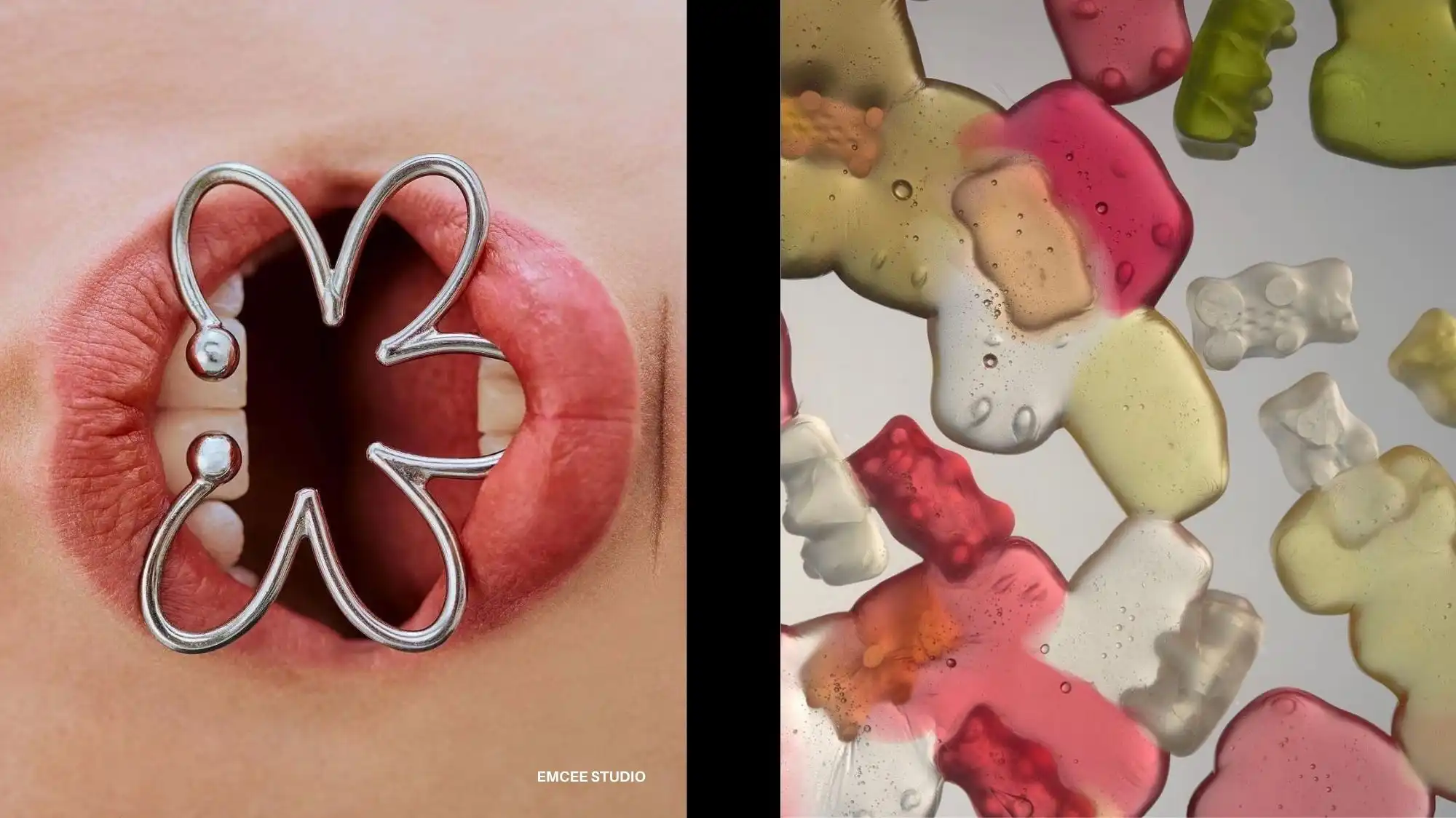 Conceptual jewelry and playful material exploration — a surreal mouth adorned with a sculptural silver accessory by Emcee Studio beside translucent gummy-bear-inspired forms, symbolizing experimentation, humor, and sensory tactility in contemporary jewellery design.