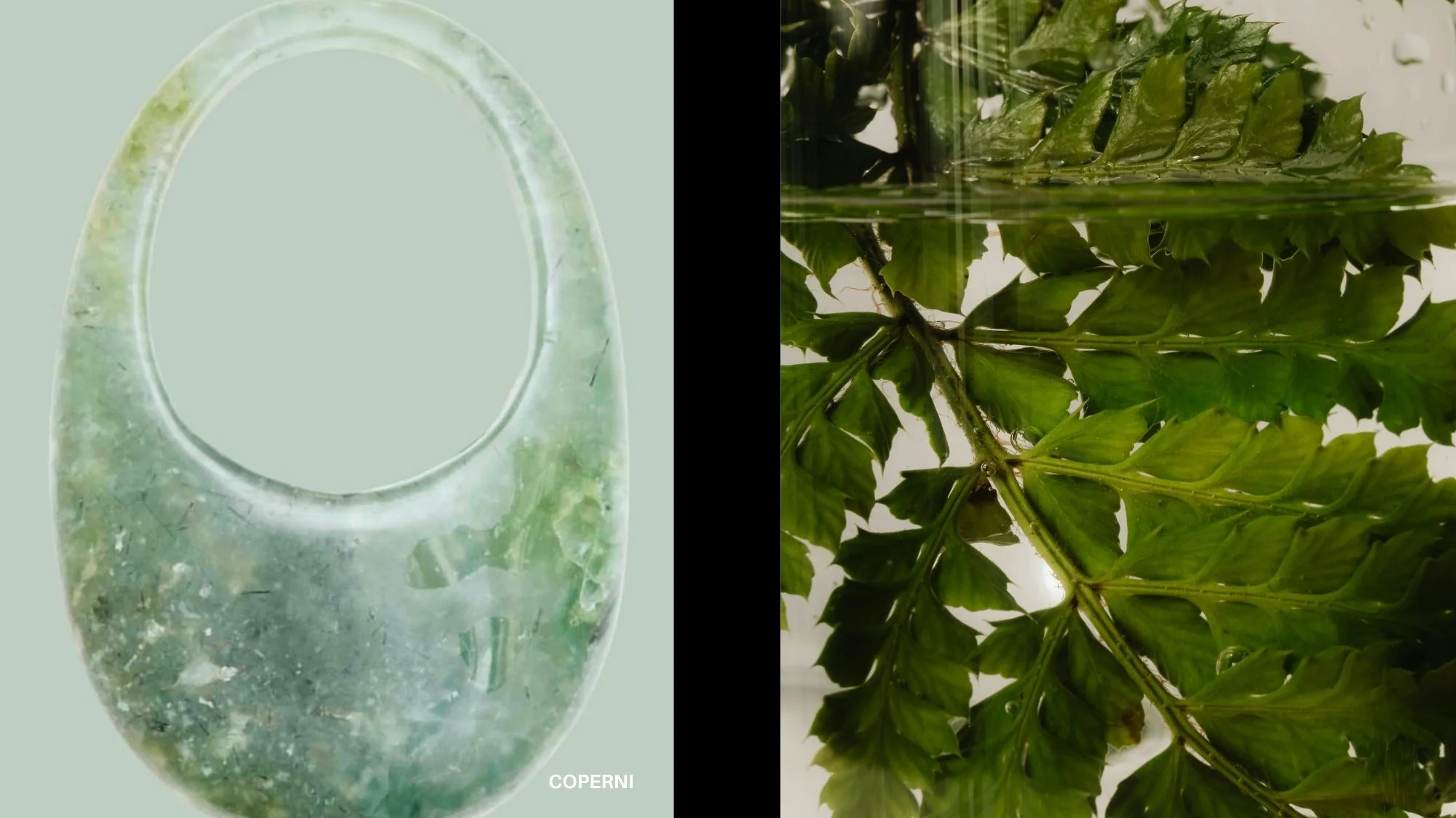 Close-up of a green jade Coperni bag paired with a lush fern leaf submerged in water, representing the Carewear fashion trend blending nature, science, spirituality, and skincare-inspired design.