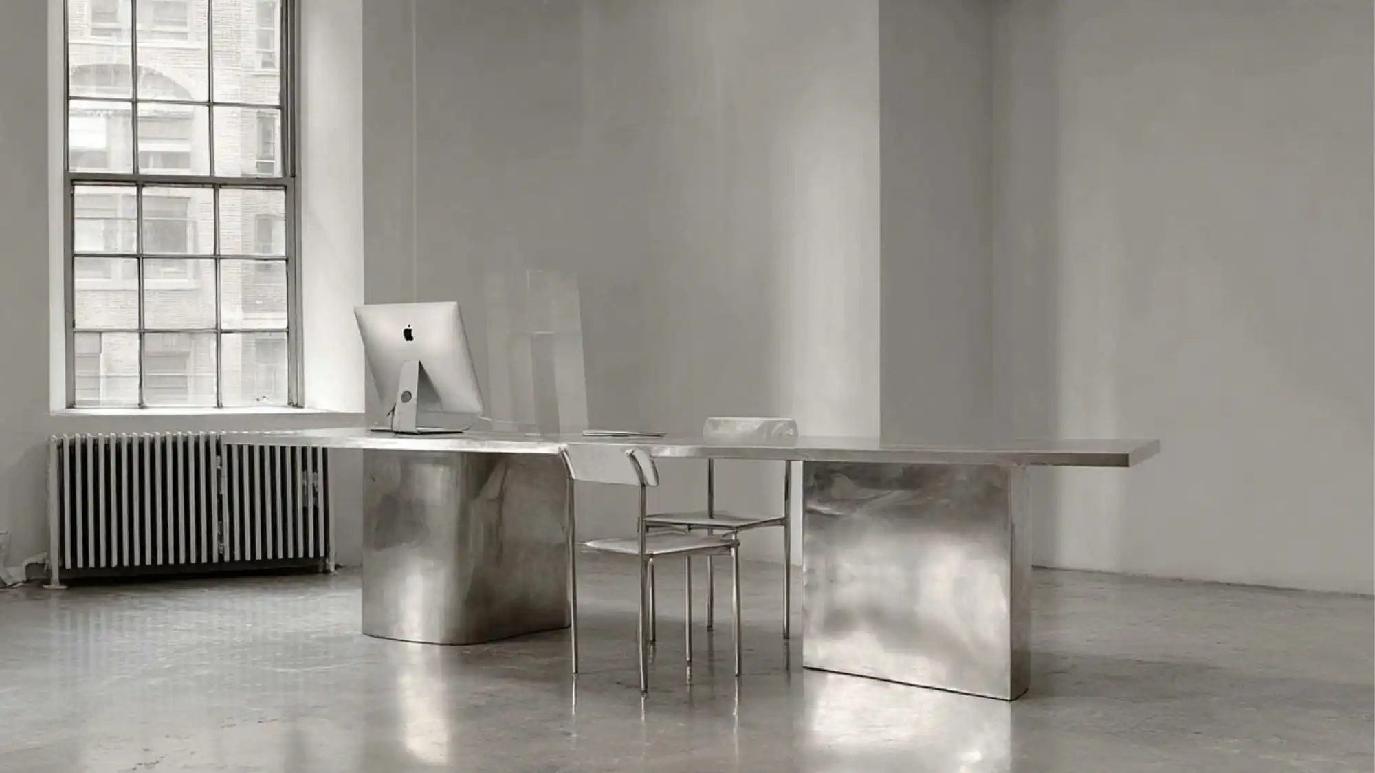 Minimalist metallic office interior with sleek furniture and natural light, symbolizing C2 Fashion Studio’s futuristic creative headquarters and its leadership in global trend forecasting and visionary fashion innovation.