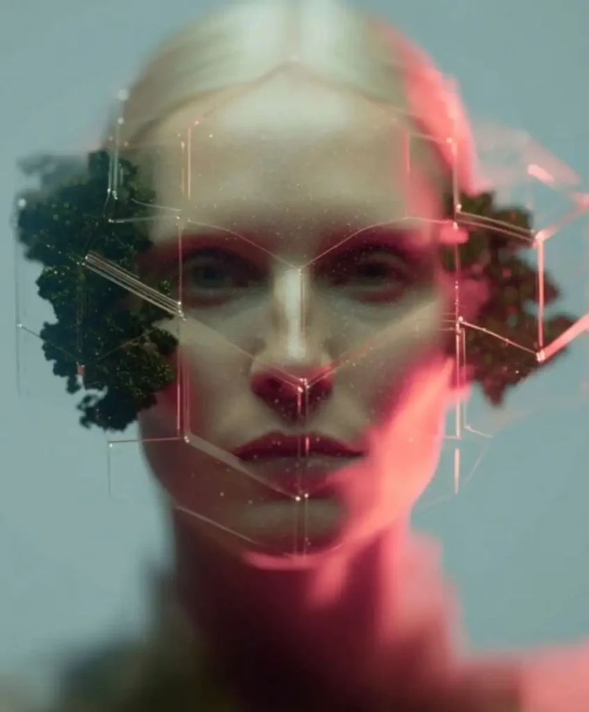 Futuristic fashion-inspired portrait with geometric overlays symbolizing visionary forecasting, representing C2 Trend Platform’s long-term trend forecasting for women’s fashion, men’s fashion, and design trends.
