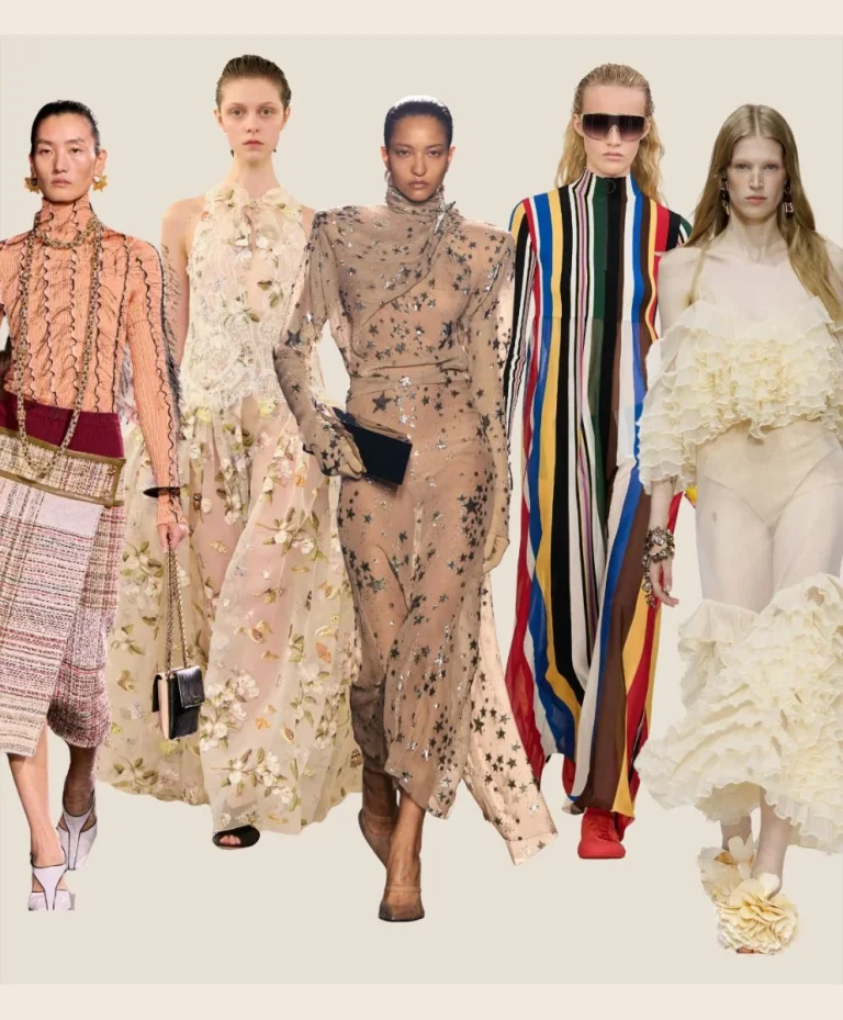 Models showcasing women’s fashion trends from Paris Fashion Week Spring Summer 2026 — floral dresses, structured tailoring, and elegant layered silhouettes decoded by C2 Fashion Studio’s trend forecasting platform.