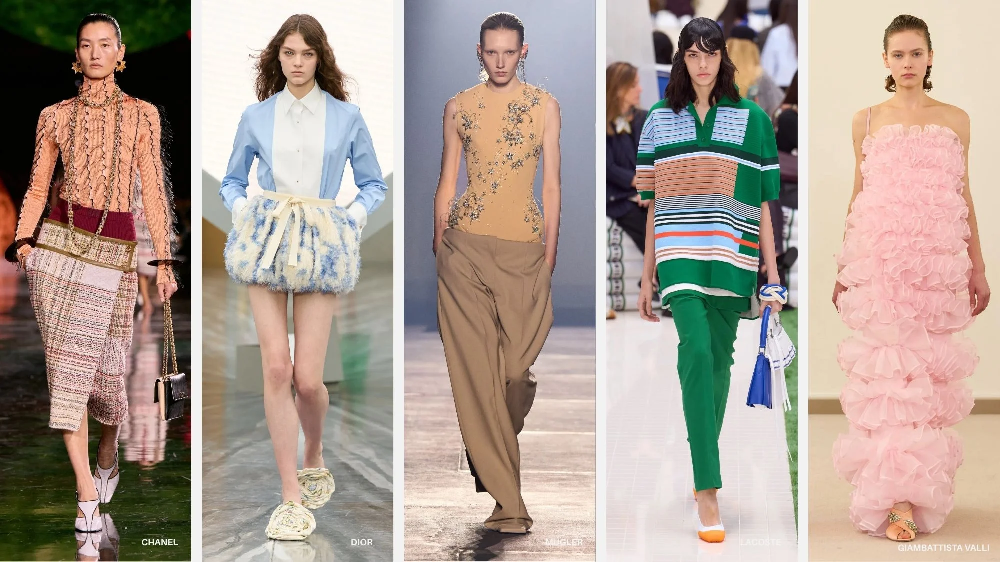 Models showcase the latest women’s fashion trends from Paris Fashion Week Spring Summer 2026, featuring collections from Chanel, Dior, Mugler, Lacoste, and Giambattista Valli — decoded by C2 Fashion Studio’s trend forecasting platform.