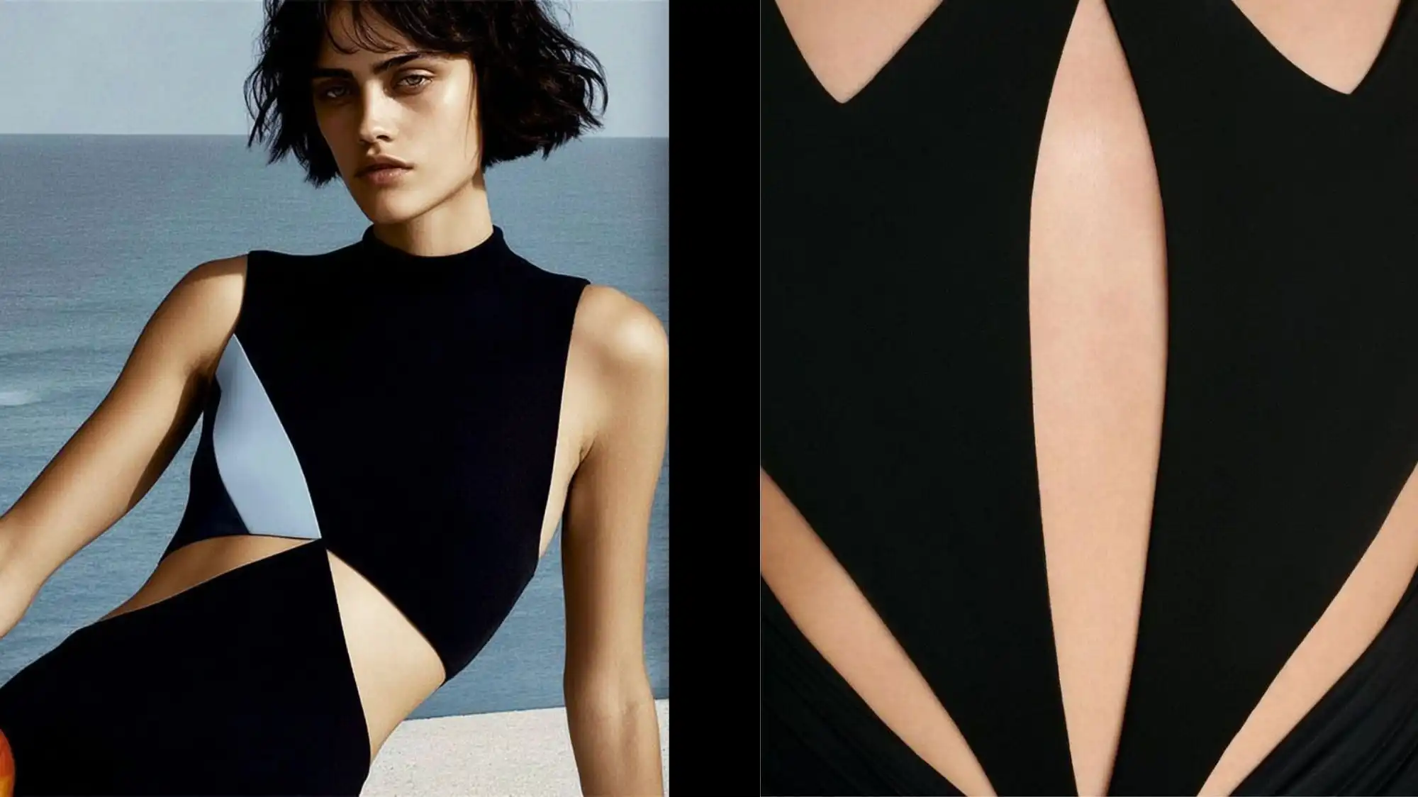 Model wearing modern cut-out beachwear in black and blue tones, representing Beachwear Spring Summer 2027 by C2 Fashion Studio, focused on regenerative textiles and conscious vitality.