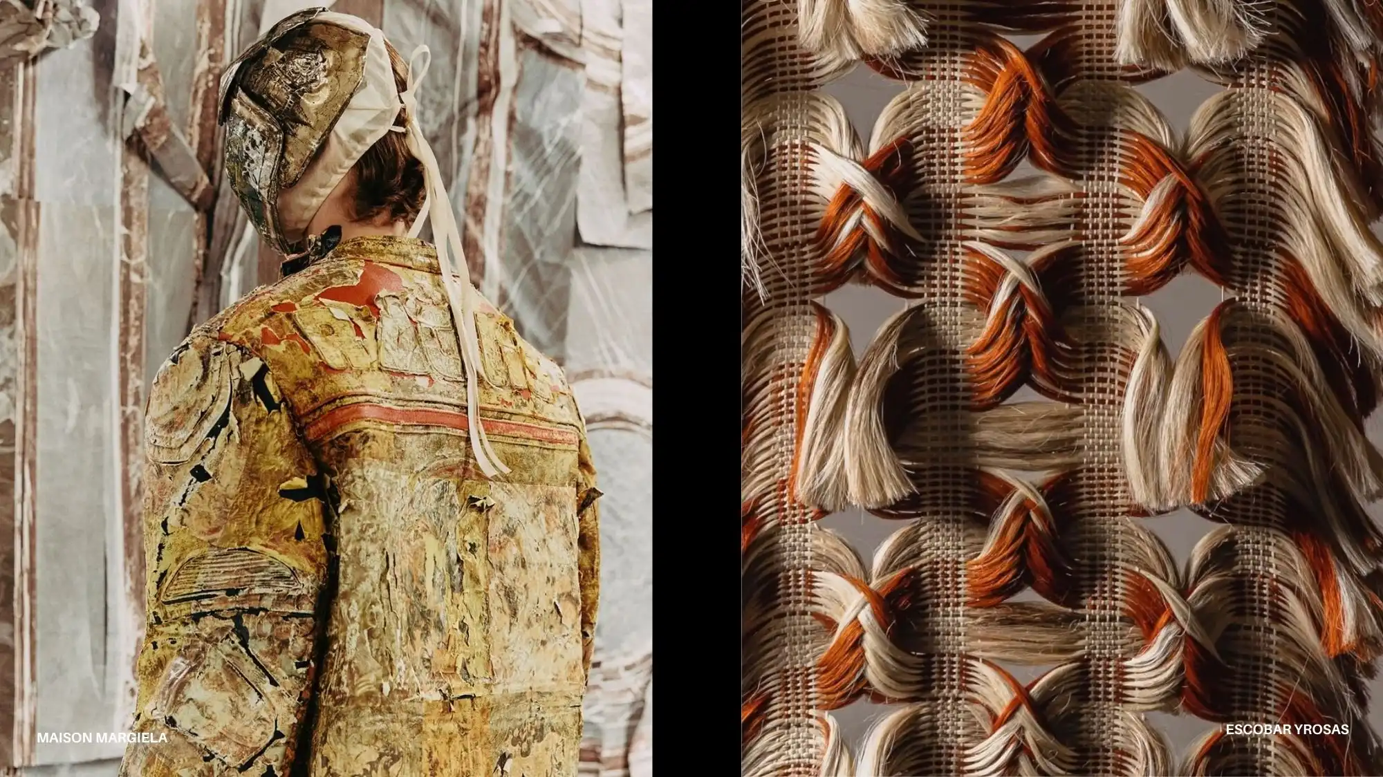 Dual image of artisanal distressed jacket and intricate woven textile representing the Deep Human Shift trend for Autumn Winter 2027–2028, highlighting essential material intelligence, raw craft, and advanced fashion trend forecasting.