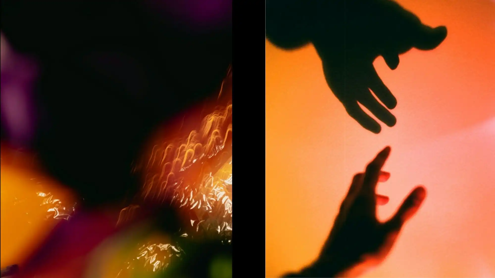 Abstract light and shadow composition featuring warm orange tones and reaching hands, symbolizing Conscious Vitality and emotional connection in C2 Fashion Studio’s Spring Summer 2027 fashion trend forecast.