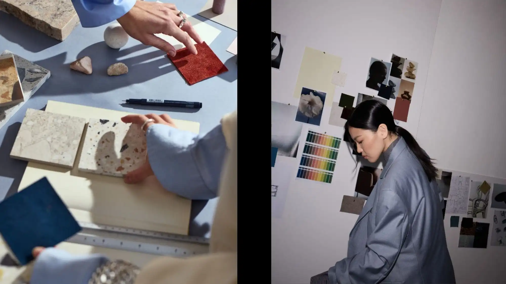 Fashion trend forecaster developing material palette and color board for Spring Summer 2027 at C2 Fashion Studio, exploring the Emotion Economy in Trend Forecasting.