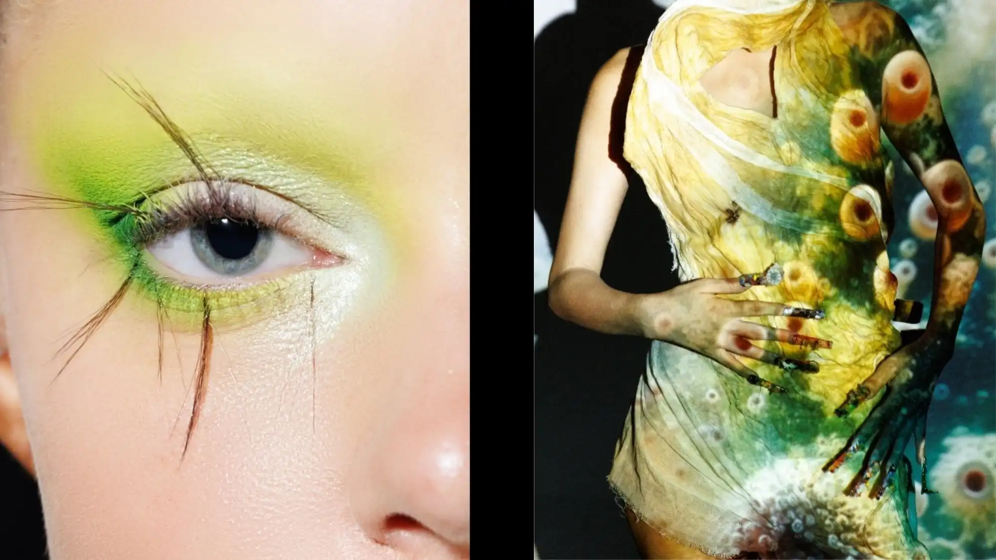 Close-up of model’s eye with yellow-green makeup and extended lashes, showcasing nature-inspired beauty and regenerative design from C2 Fashion Studio Symbiotic Futures trend forecasting agency for Spring Summer 2027.