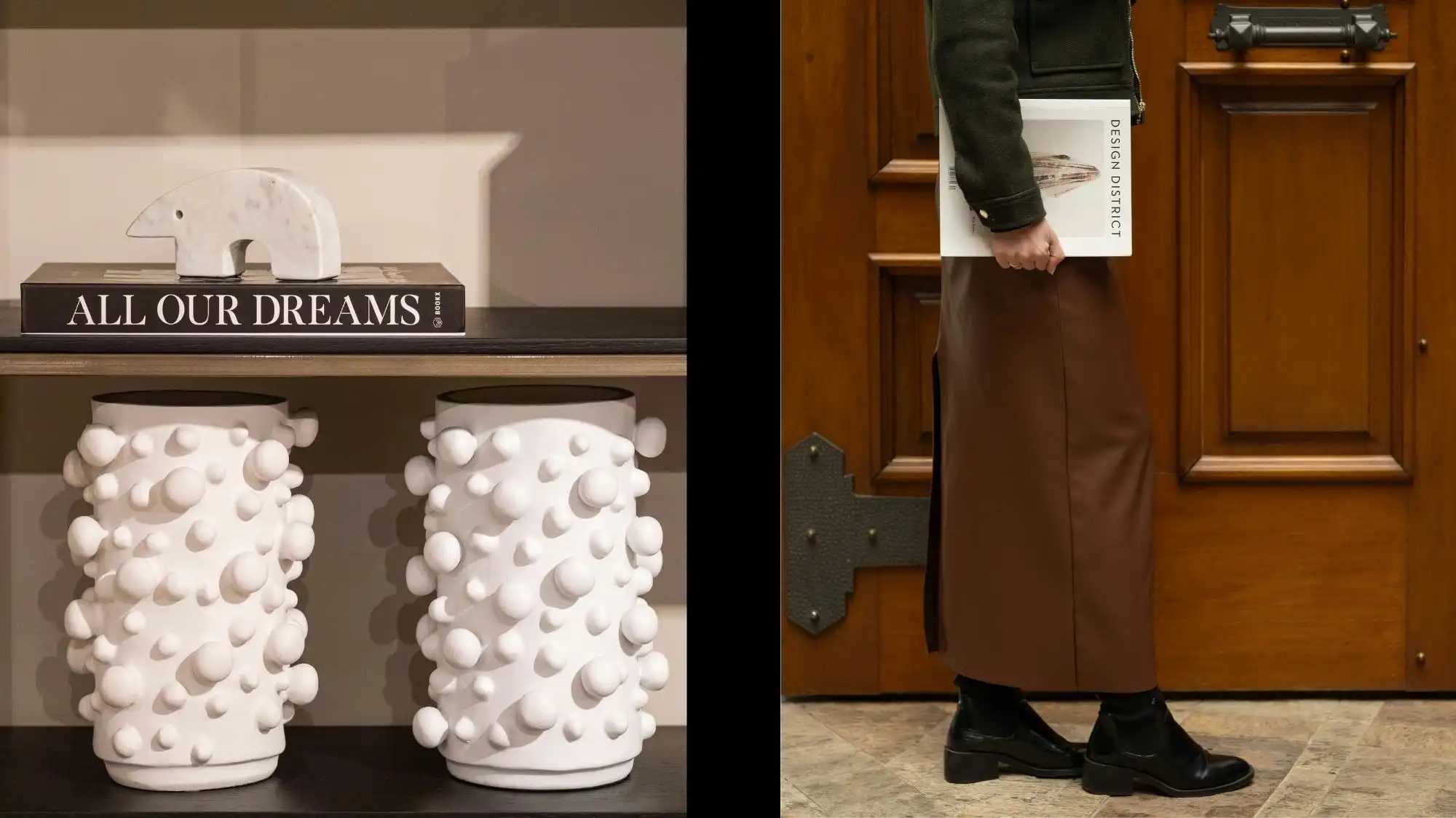 Split-image featuring sculptural white ceramic vases and modern home decor alongside a luxury street-style look with a brown leather skirt and black boots, illustrating lifestyle and design aesthetics aligned with C2 Fashion Studio’s trend forecasting insights for contemporary fashion, interior design trends, and Spring Summer 2027 consumer behaviour.