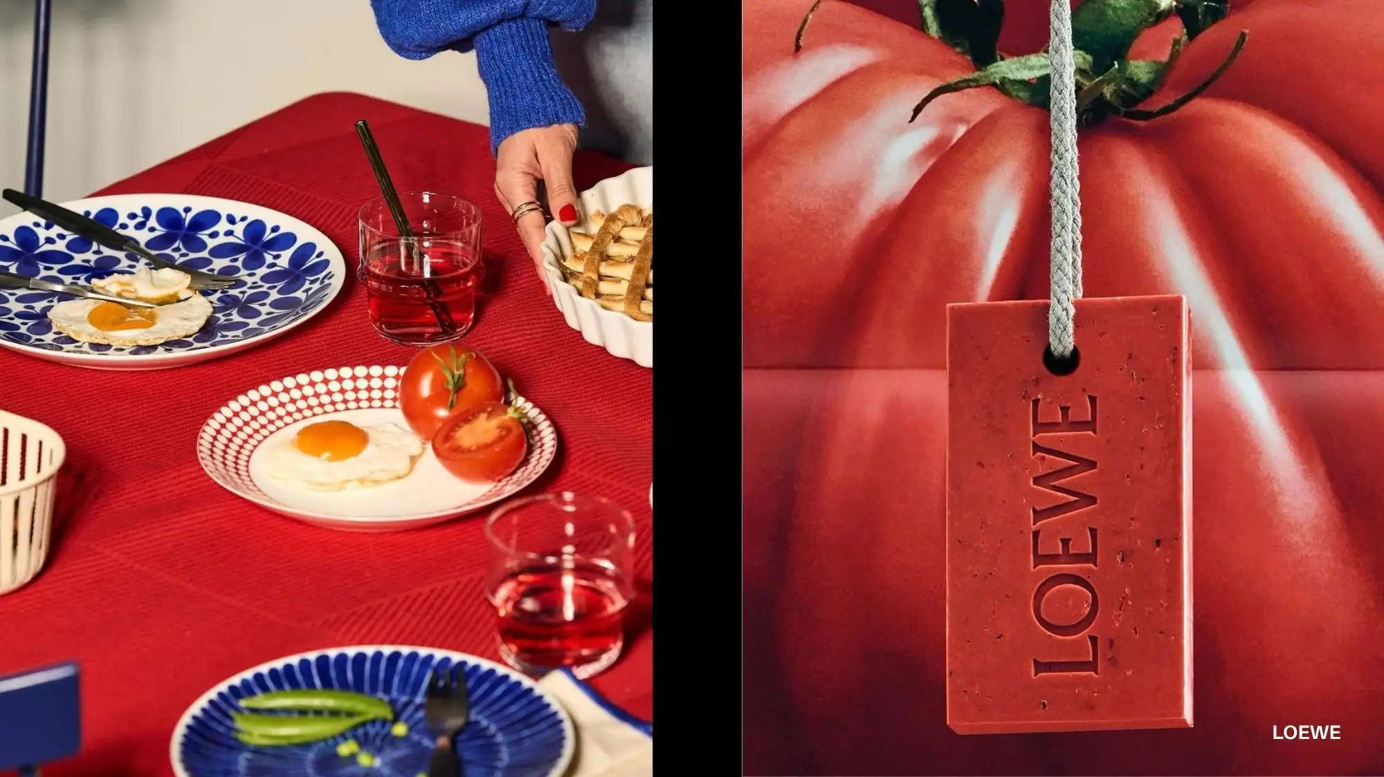 Aesthetic tablescaping scene with bold red textiles, patterned plates, tomatoes, and LOEWE tomato-inspired accessory, illustrating Spring Summer 2027 fashion trends through C2 Fashion Studio’s trend forecasting solutions.