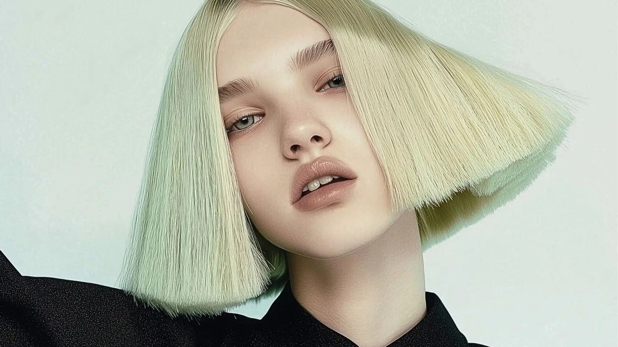 Close-up portrait of a model with sculptural blonde bob haircut and minimalist styling, reflecting C2 Fashion Studio’s visionary trend forecasting and future-forward fashion intelligence.